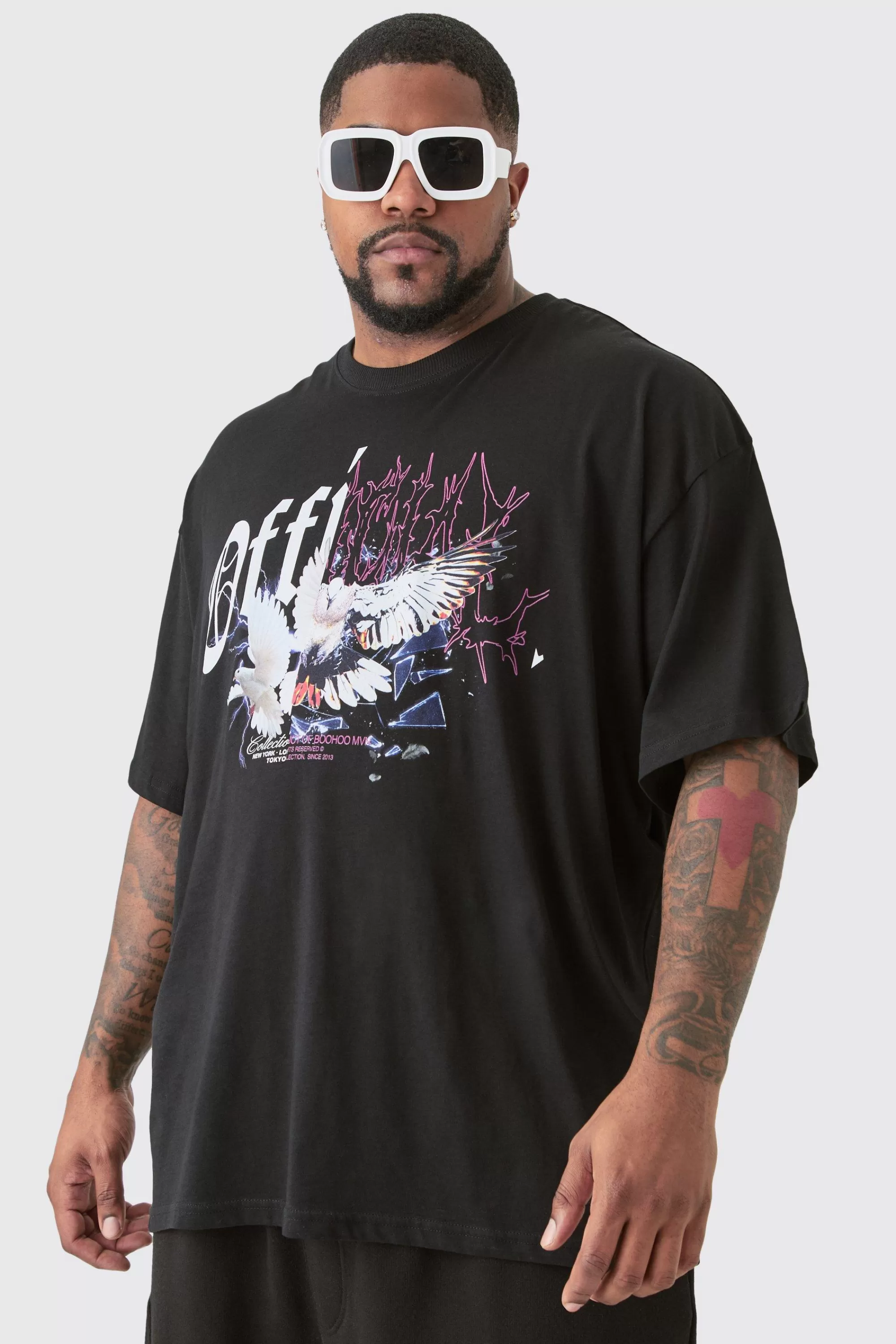 boohooMAN Plus Oversized Official Splice Print T-shirt In | UK black Discount