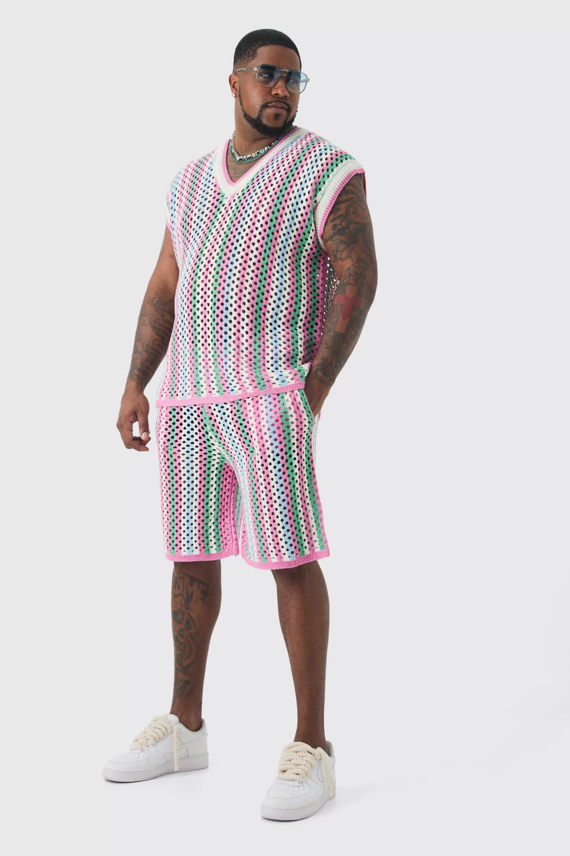 boohooMAN Plus Oversized Open Stitch Crochet Knitted Tank | UK pink Best Sale