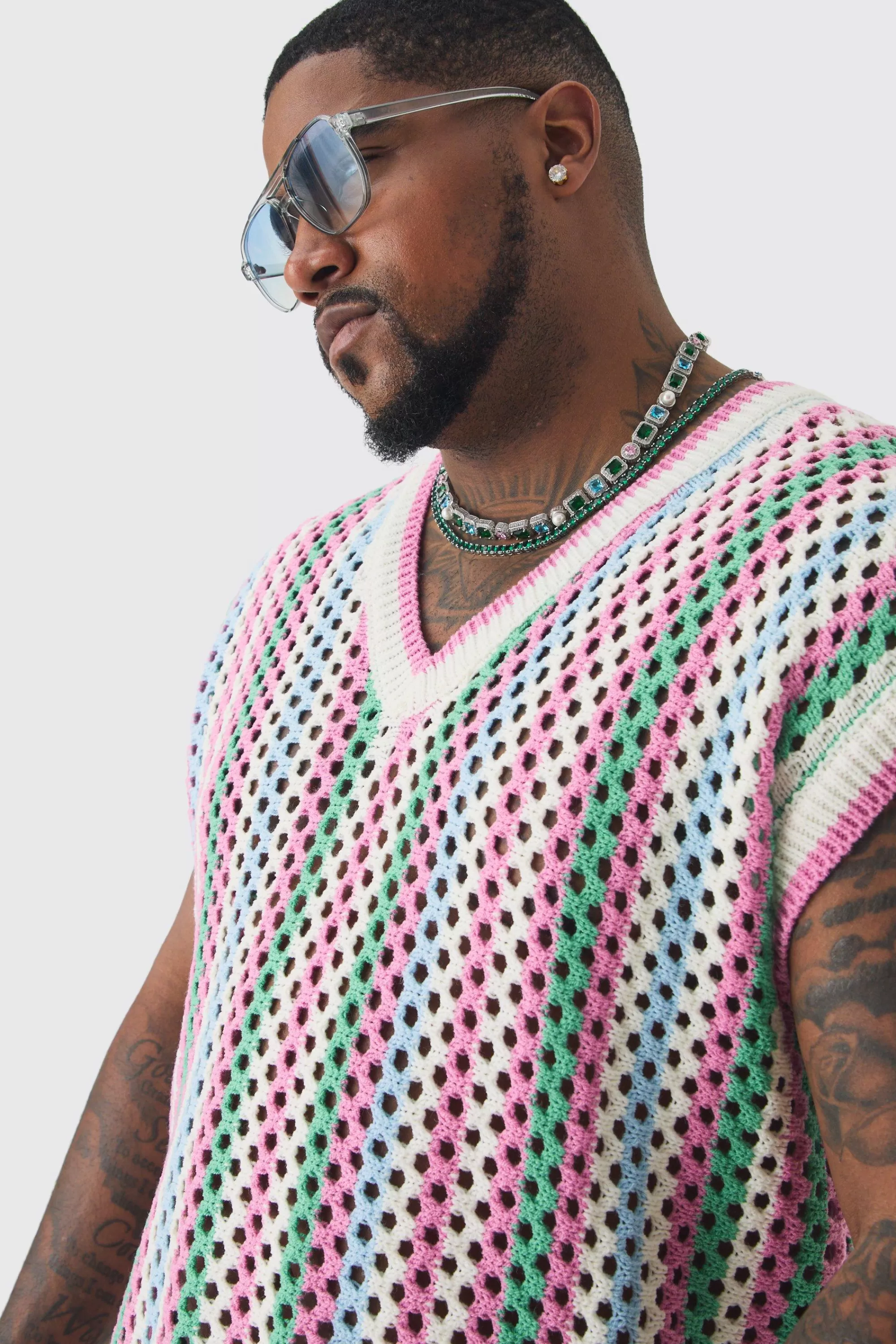 boohooMAN Plus Oversized Open Stitch Crochet Knitted Tank | UK pink Best Sale