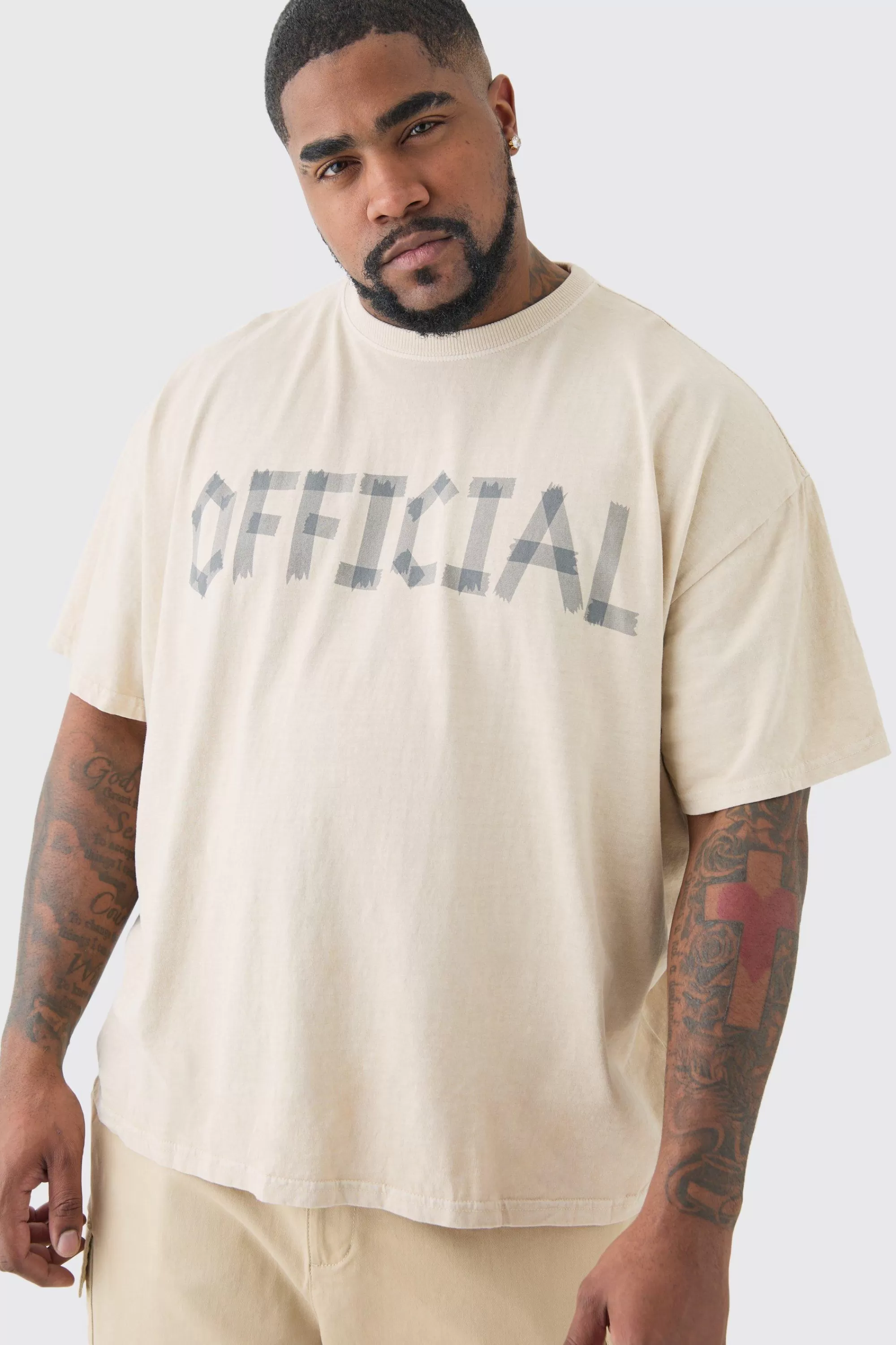 boohooMAN Plus Oversized Overdye Official Print T-shirt | UK ecru Sale