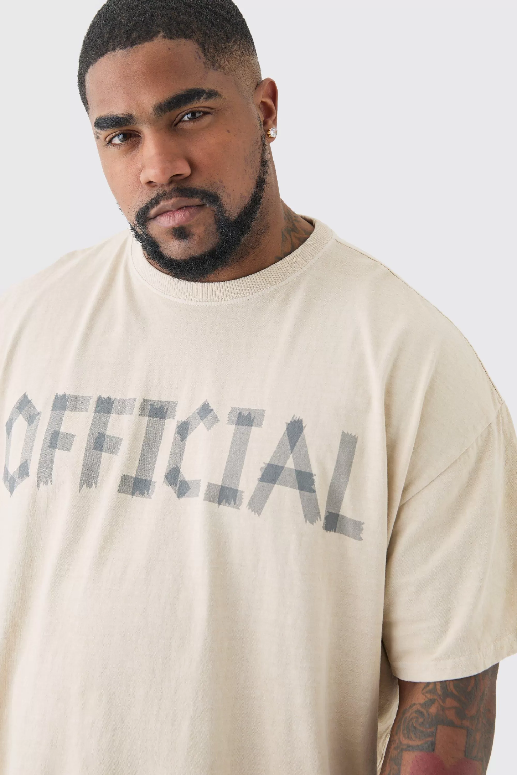 boohooMAN Plus Oversized Overdye Official Print T-shirt | UK ecru Sale