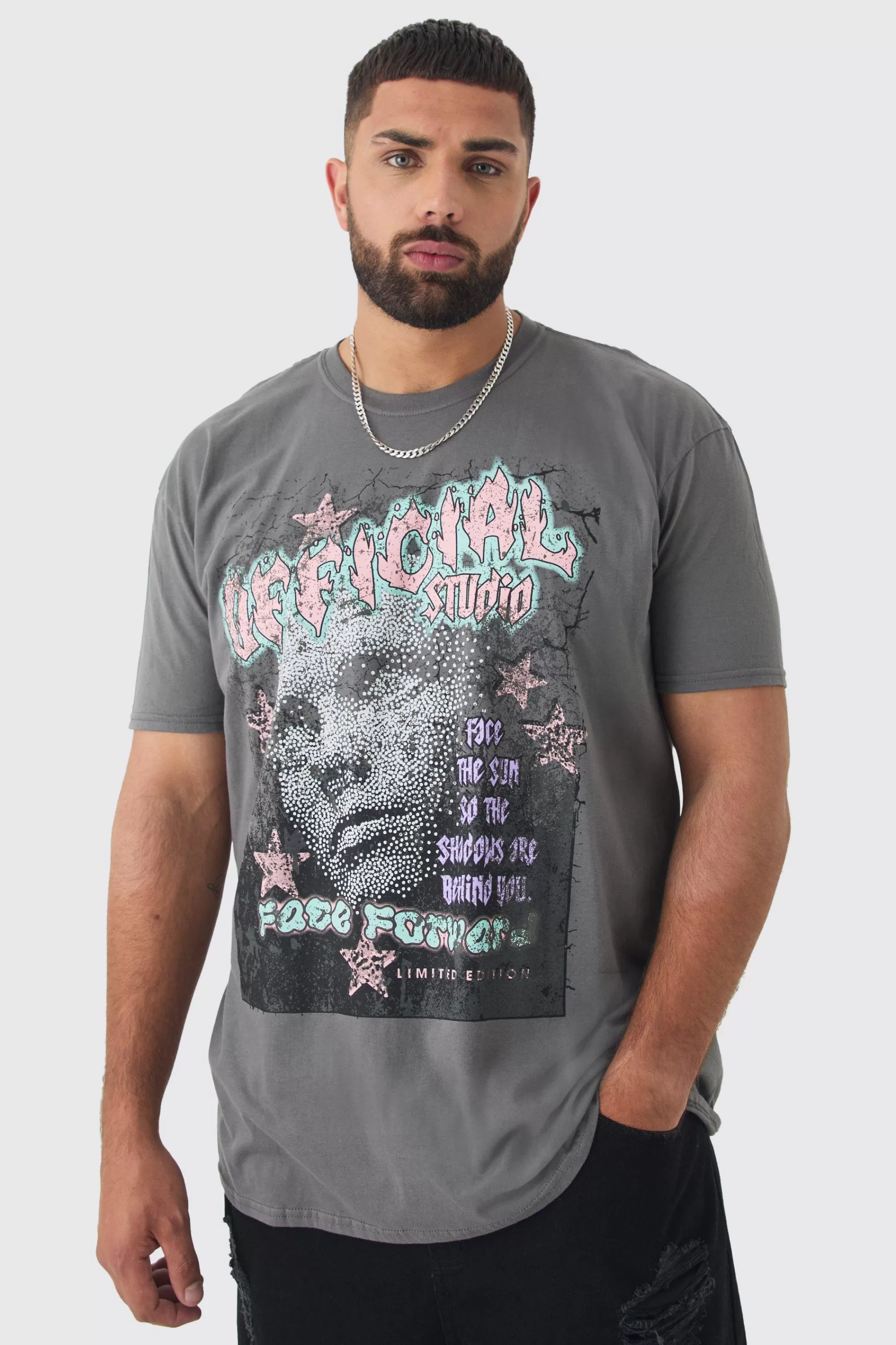 boohooMAN Plus Oversized Overdyed Official Face Graphic T-shirt | UK charcoal Clearance