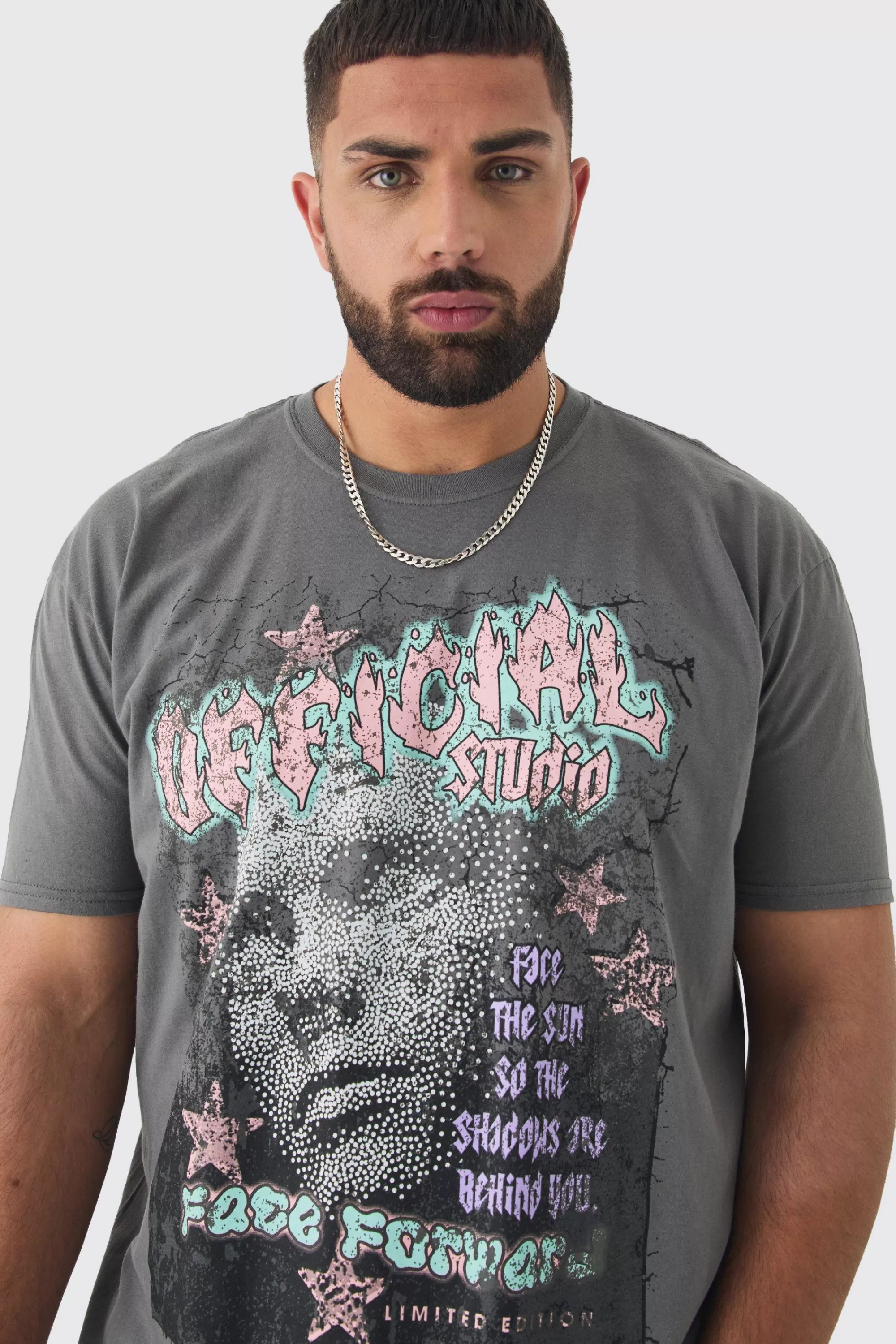 boohooMAN Plus Oversized Overdyed Official Face Graphic T-shirt | UK charcoal Clearance