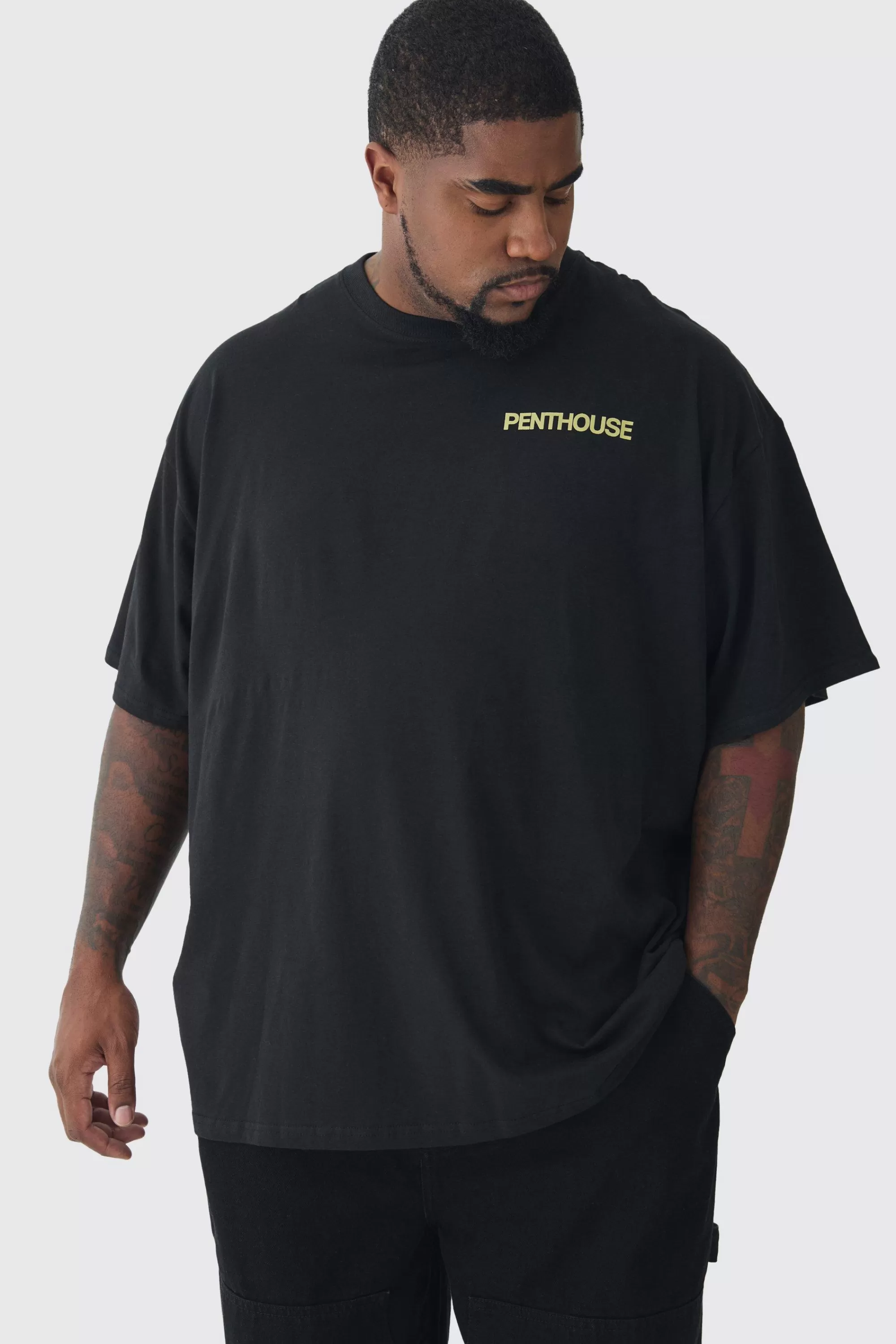 boohooMAN Plus Oversized Penthouse Magazine License T-Shirt | UK black Online