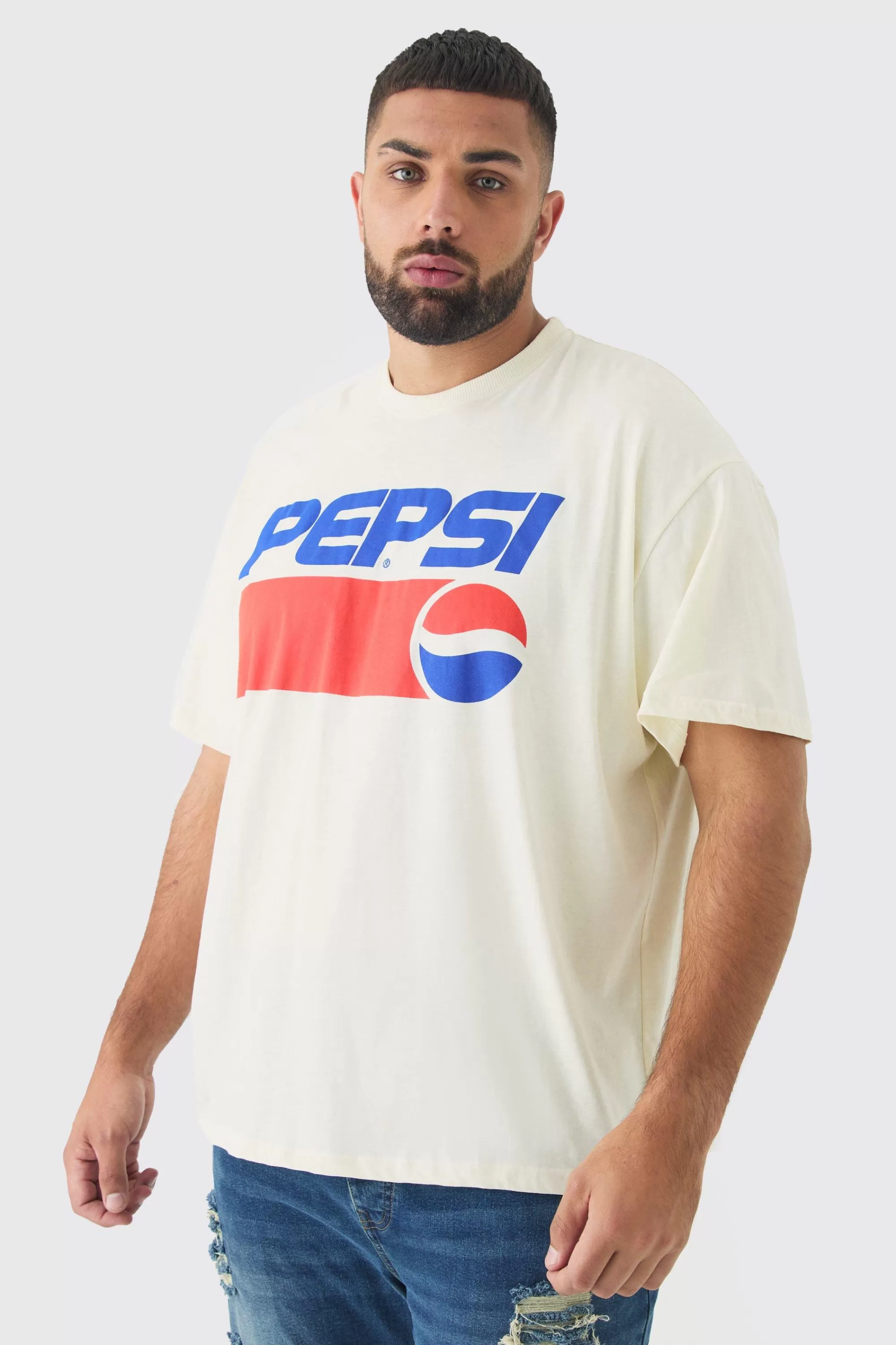 boohooMAN Plus Oversized Pepsi License Print T-Shirt | UK ecru Discount
