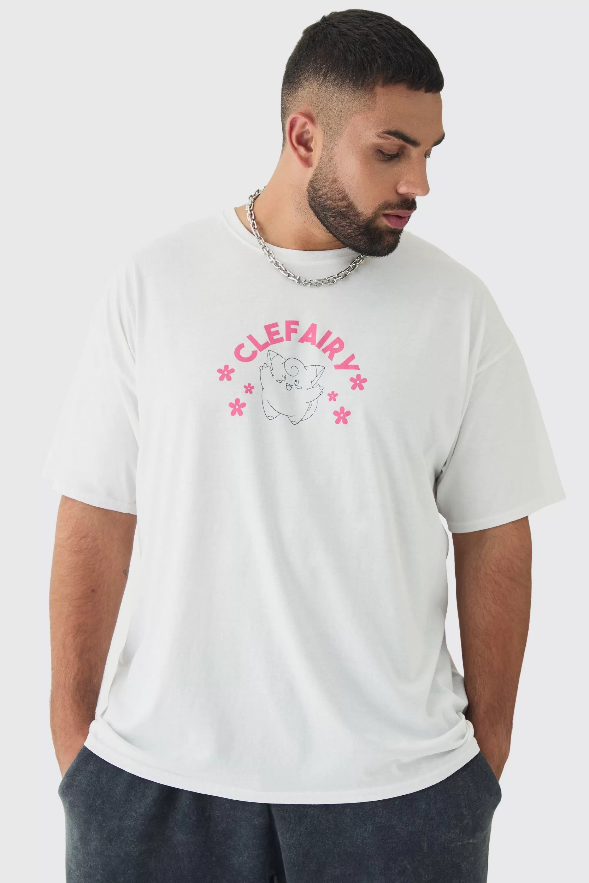 boohooMAN Plus Oversized Pokemon Clefairy License Print T-Shirt | UK white Discount