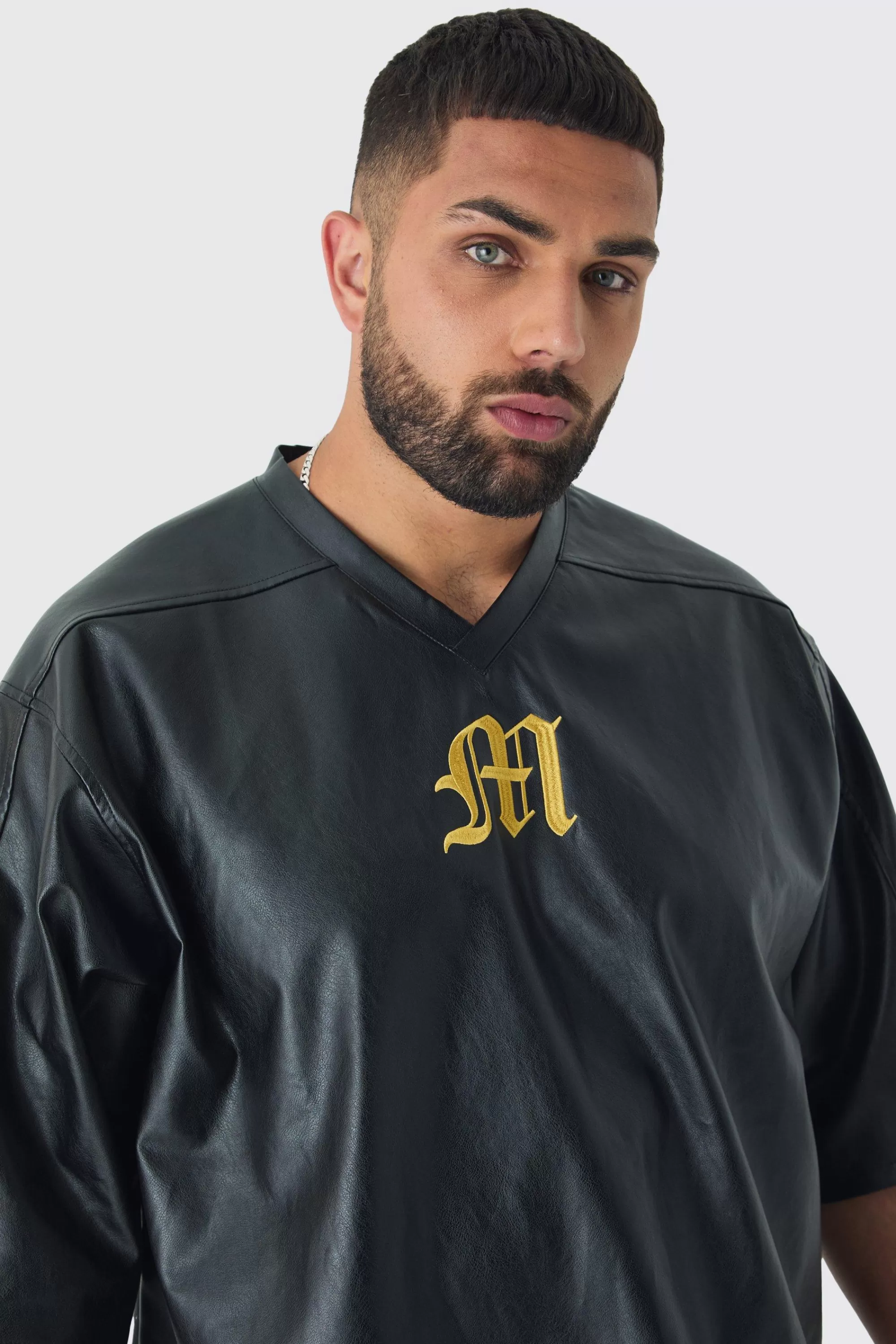 boohooMAN Plus Oversized PU Raglan Embroidered Varsity Shirt | UK black Flash Sale