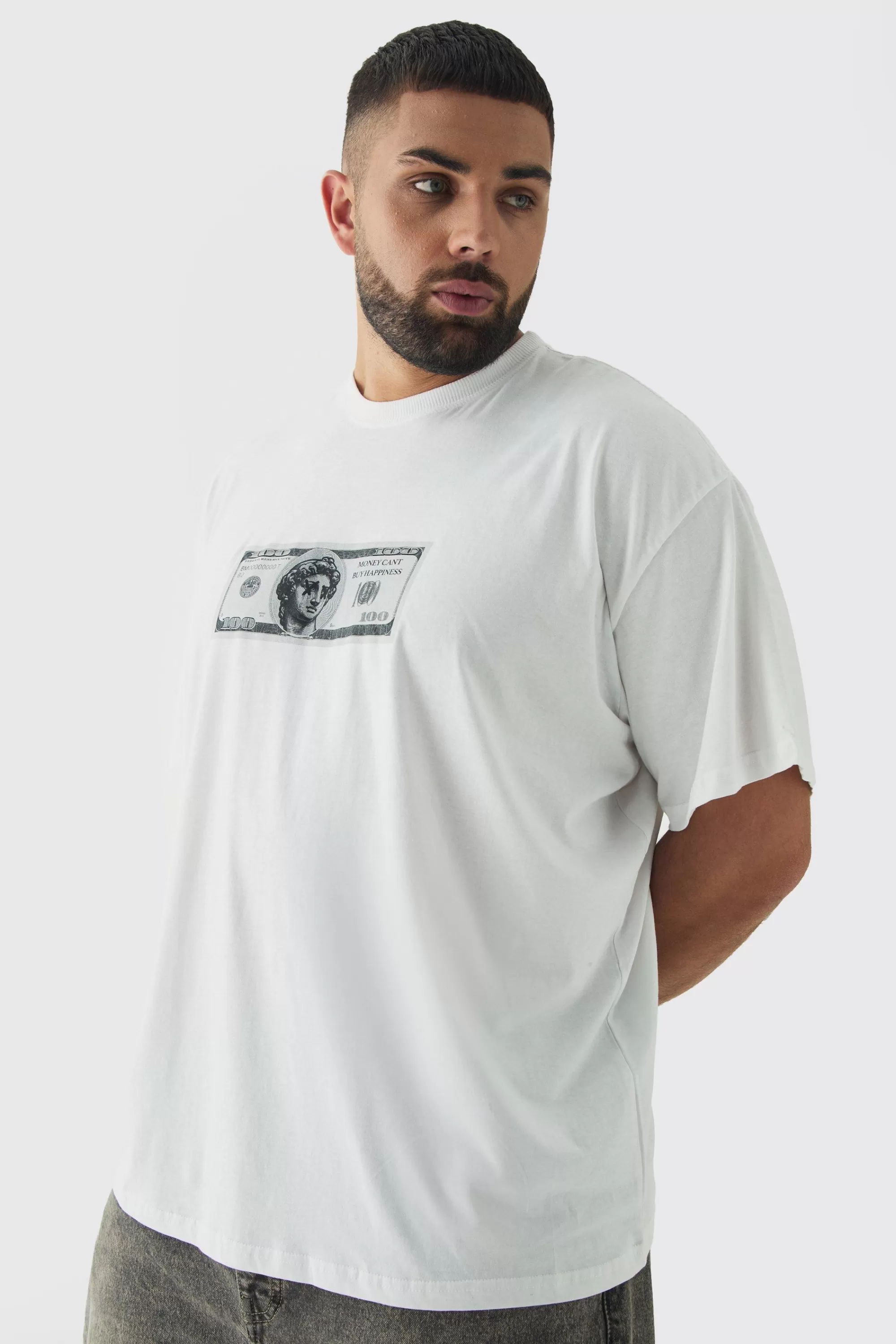 boohooMAN Plus Oversized Renaissance Money Print T-Shirt | UK white Clearance