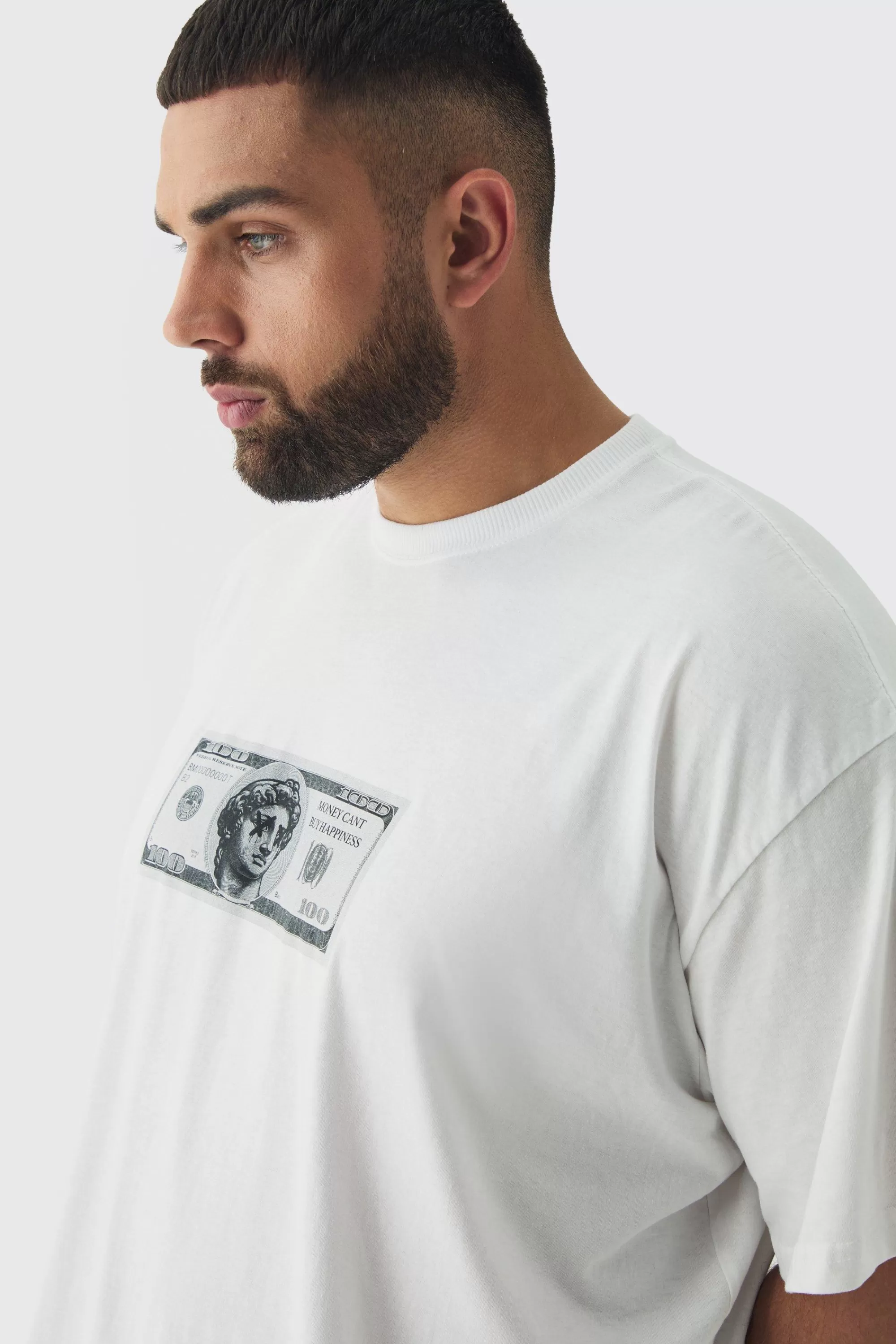boohooMAN Plus Oversized Renaissance Money Print T-Shirt | UK white Clearance