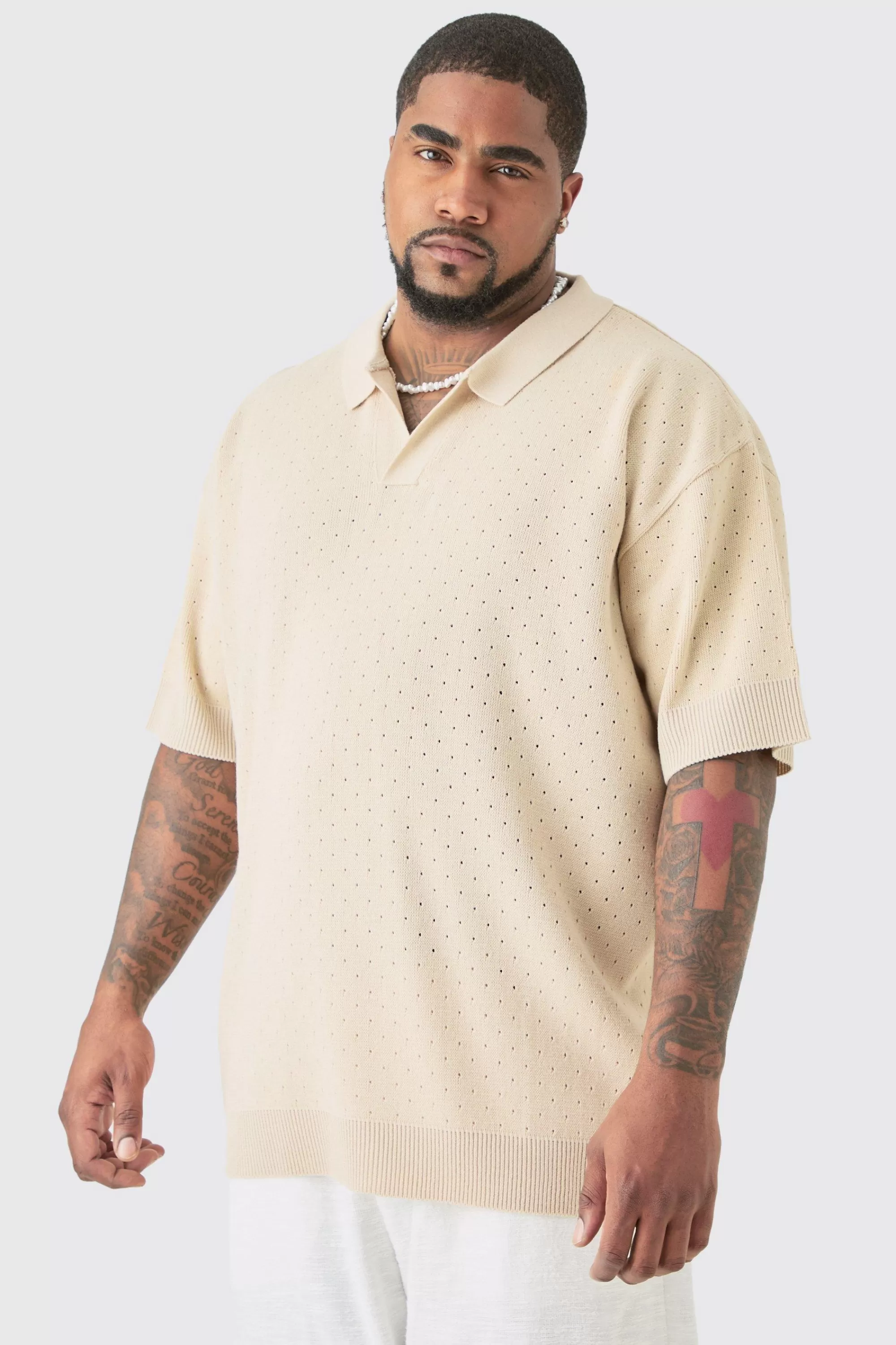 boohooMAN Plus Oversized Revere Crochet Polo | UK stone Cheap