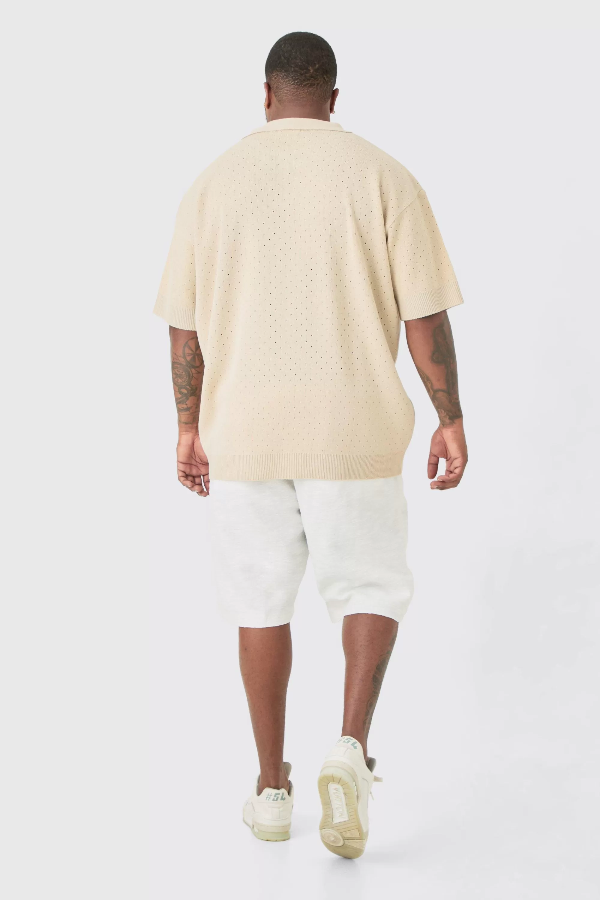 boohooMAN Plus Oversized Revere Crochet Polo | UK stone Cheap
