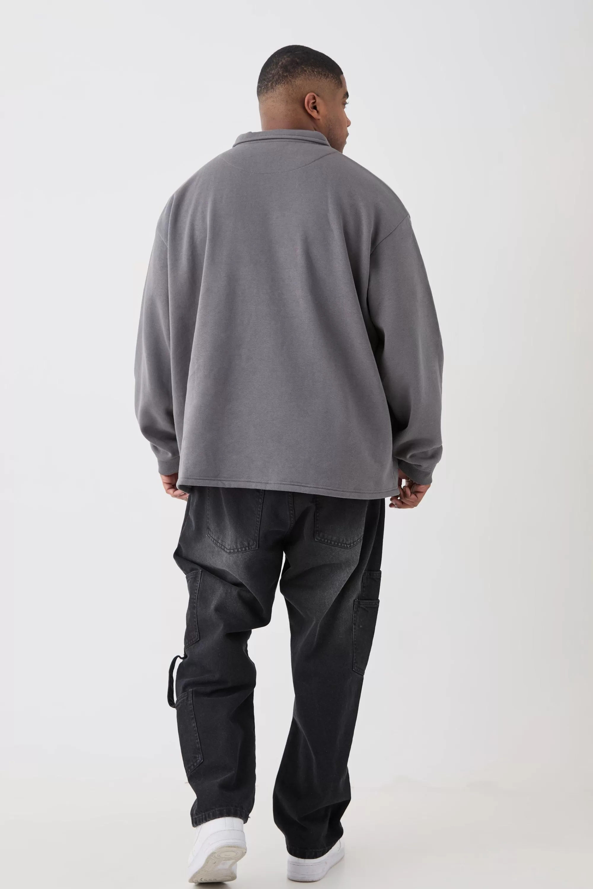 boohooMAN Plus Oversized Revere Rugby Sweatshirt Polo | UK charcoal Fashion