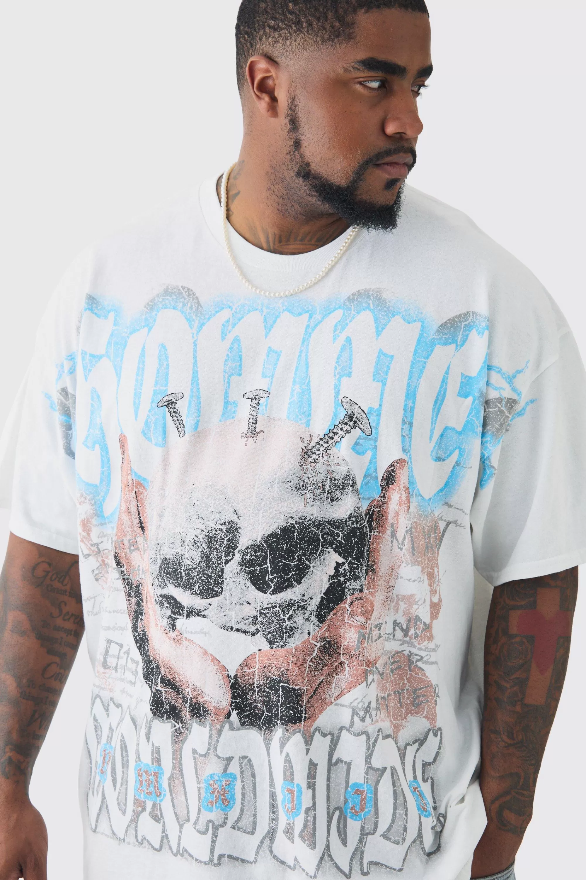 boohooMAN Plus Oversized Skull Over Seams Graphic T-shirt | UK white Hot