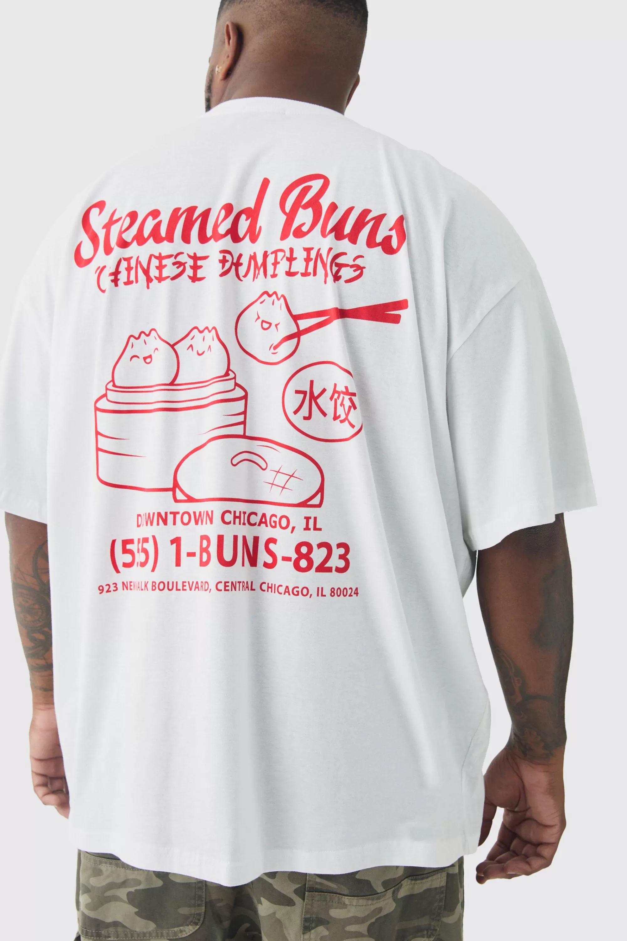 boohooMAN Plus Oversized Steamed Dumplings Graphic T-Shirt | UK white Clearance