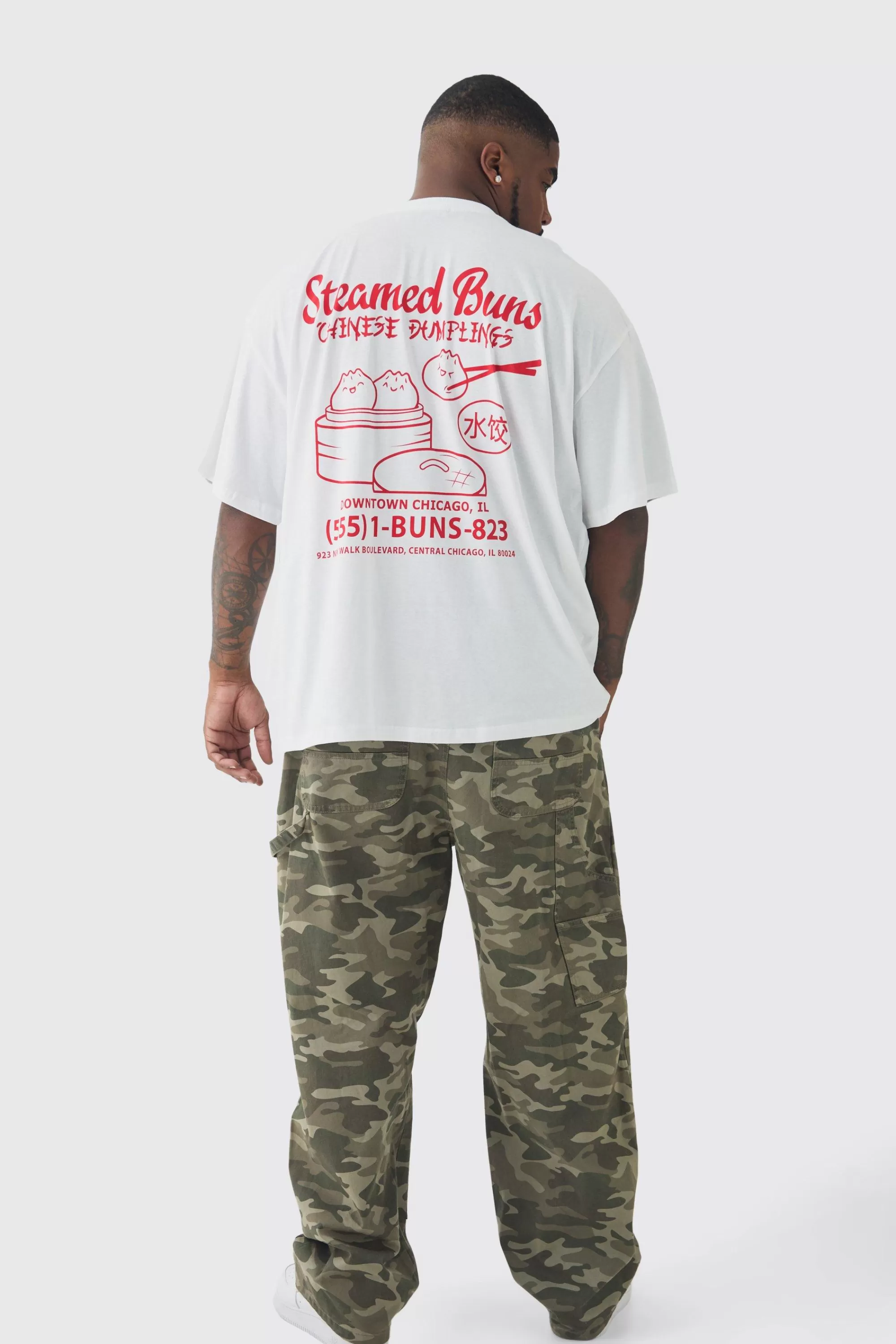 boohooMAN Plus Oversized Steamed Dumplings Graphic T-Shirt | UK white Clearance