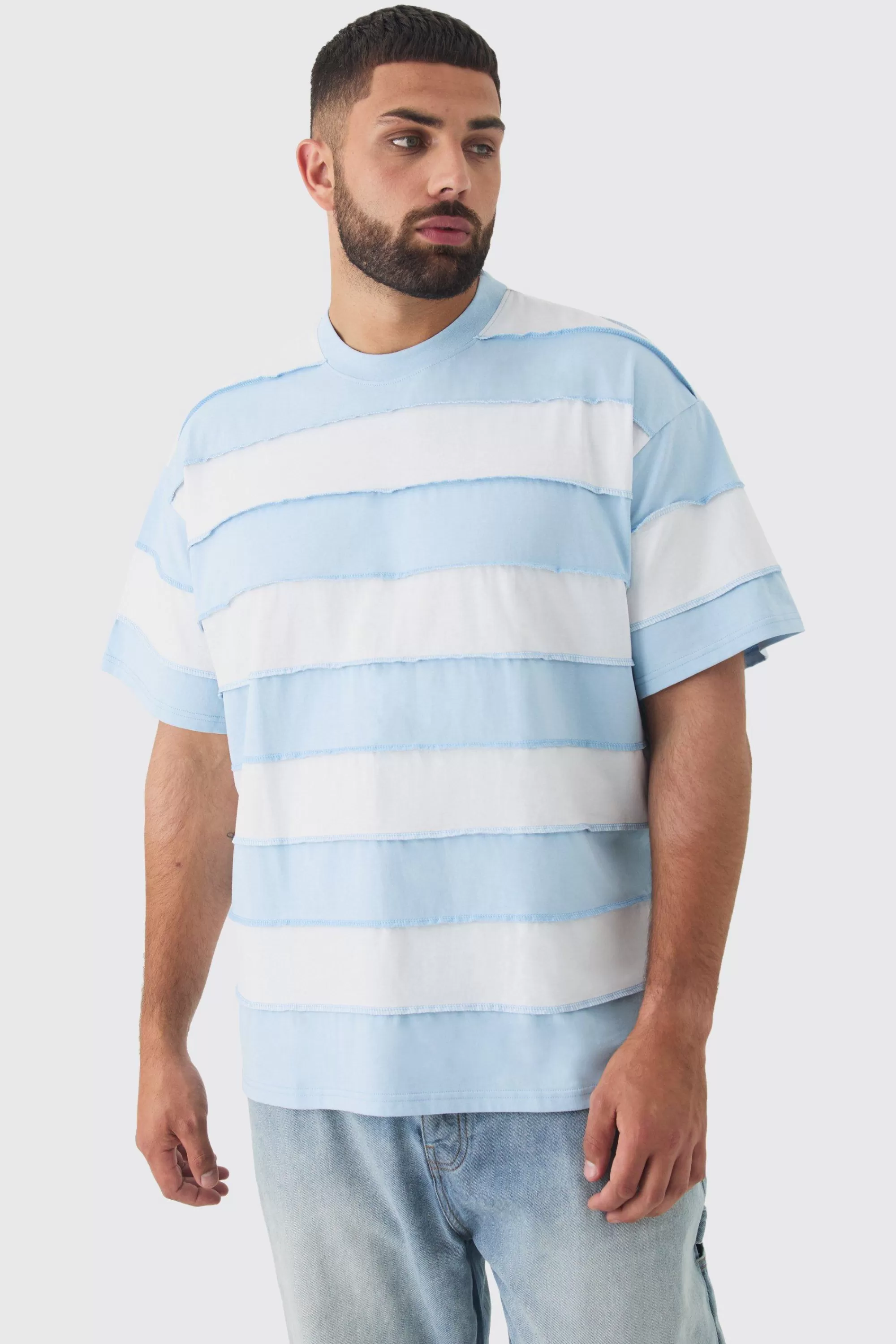 boohooMAN Plus Oversized Stripe Raw Seam T-shirt | UK light blue Clearance