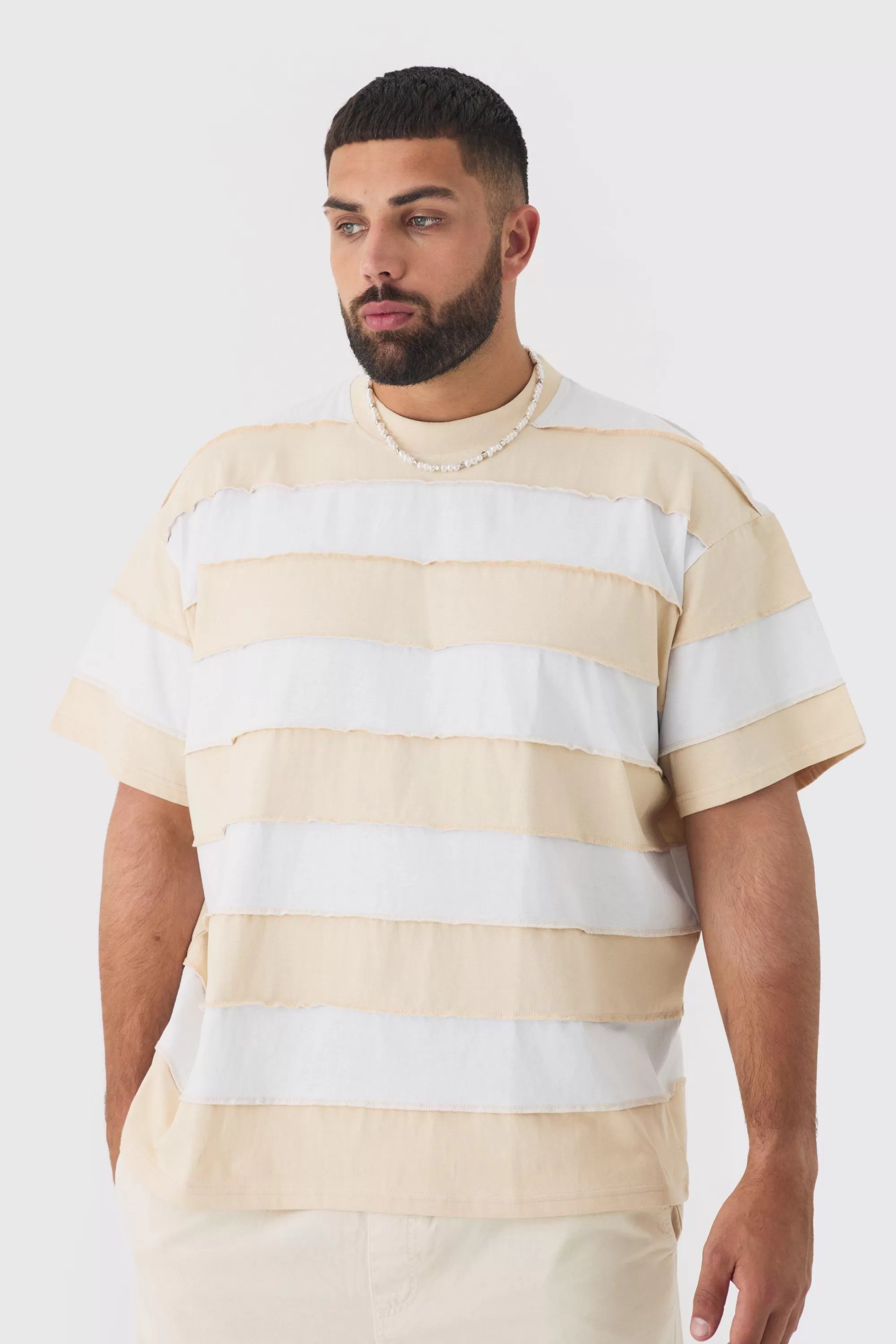 boohooMAN Plus Oversized Stripe Raw Seam T-shirt | UK stone New