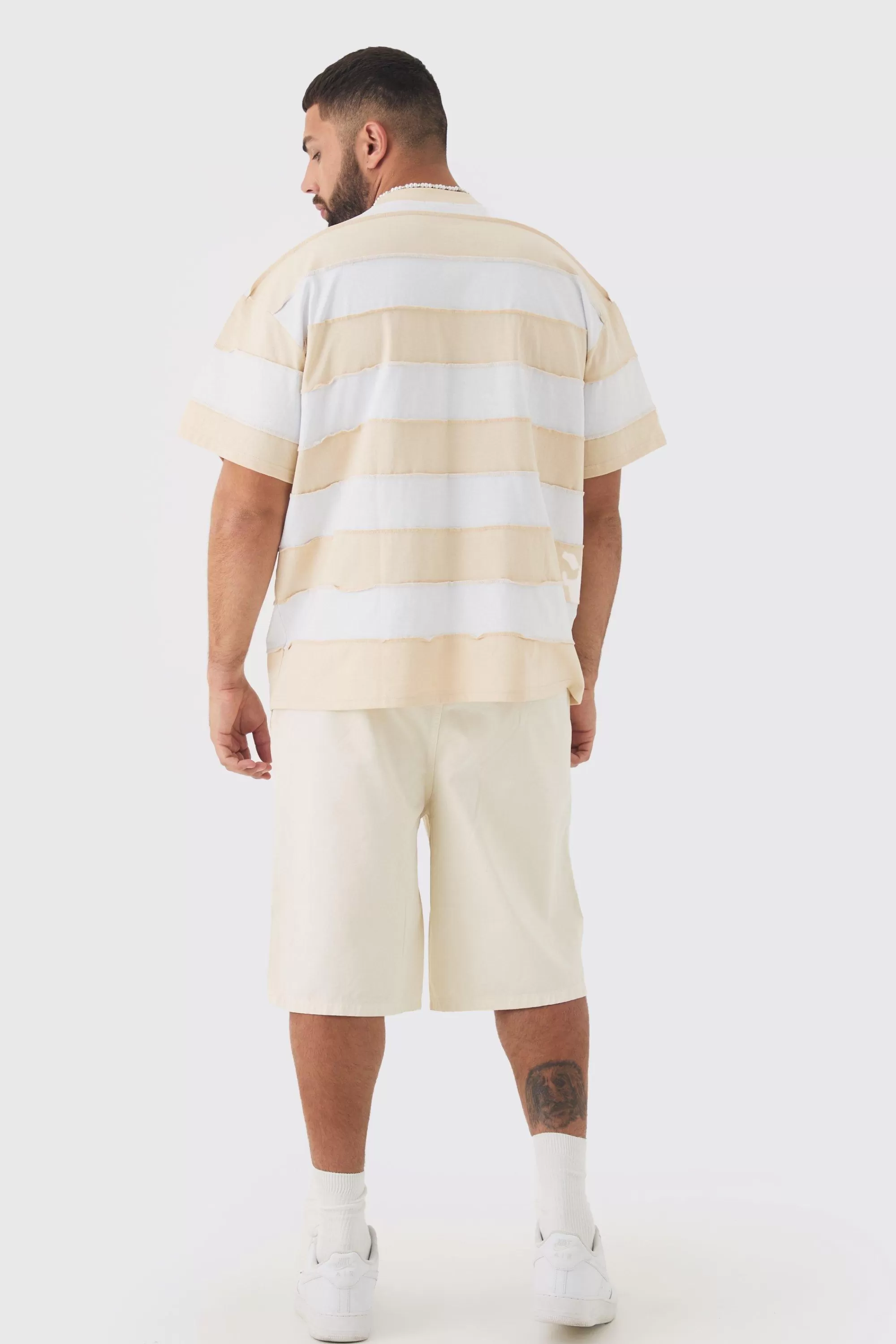 boohooMAN Plus Oversized Stripe Raw Seam T-shirt | UK stone New