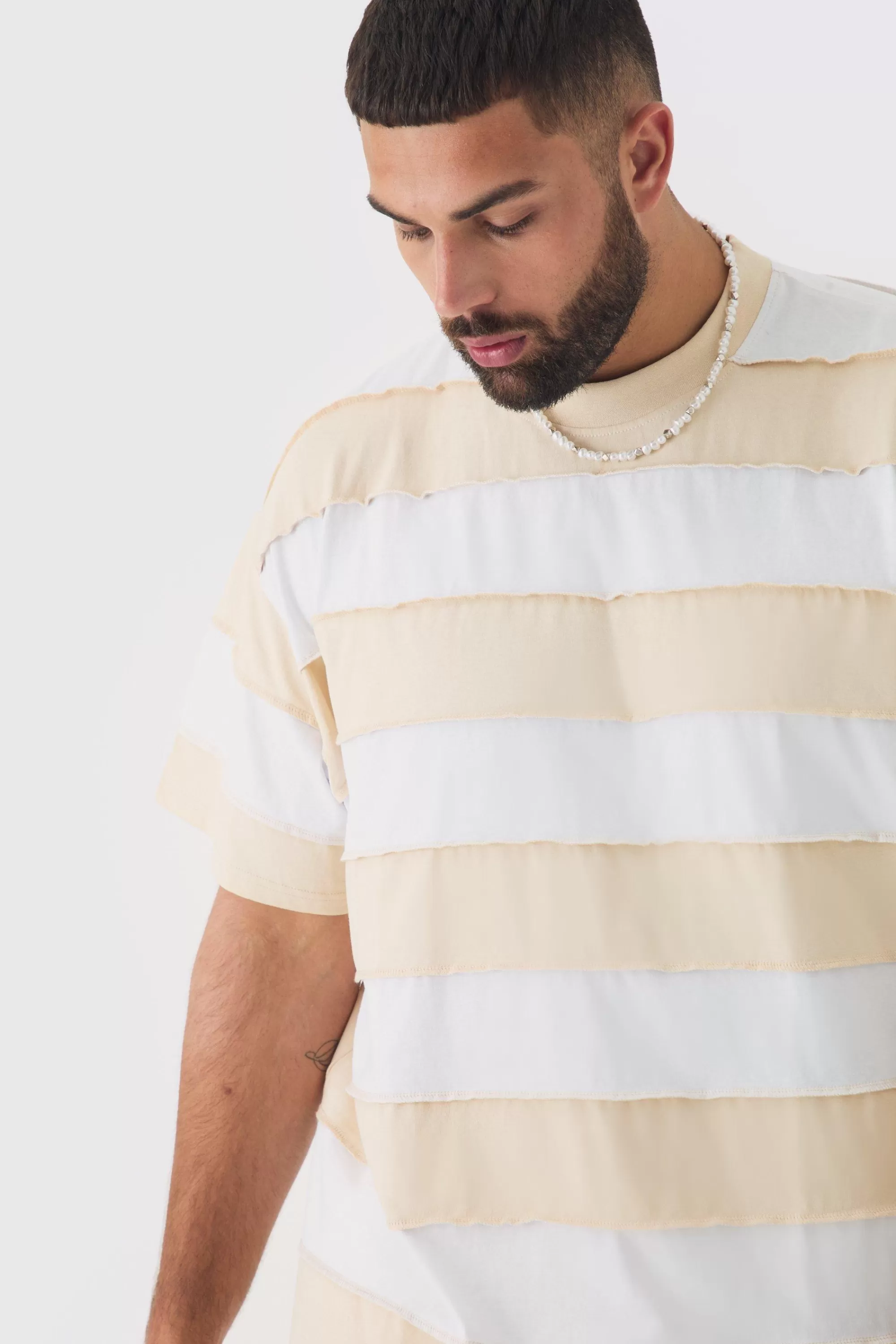 boohooMAN Plus Oversized Stripe Raw Seam T-shirt | UK stone New