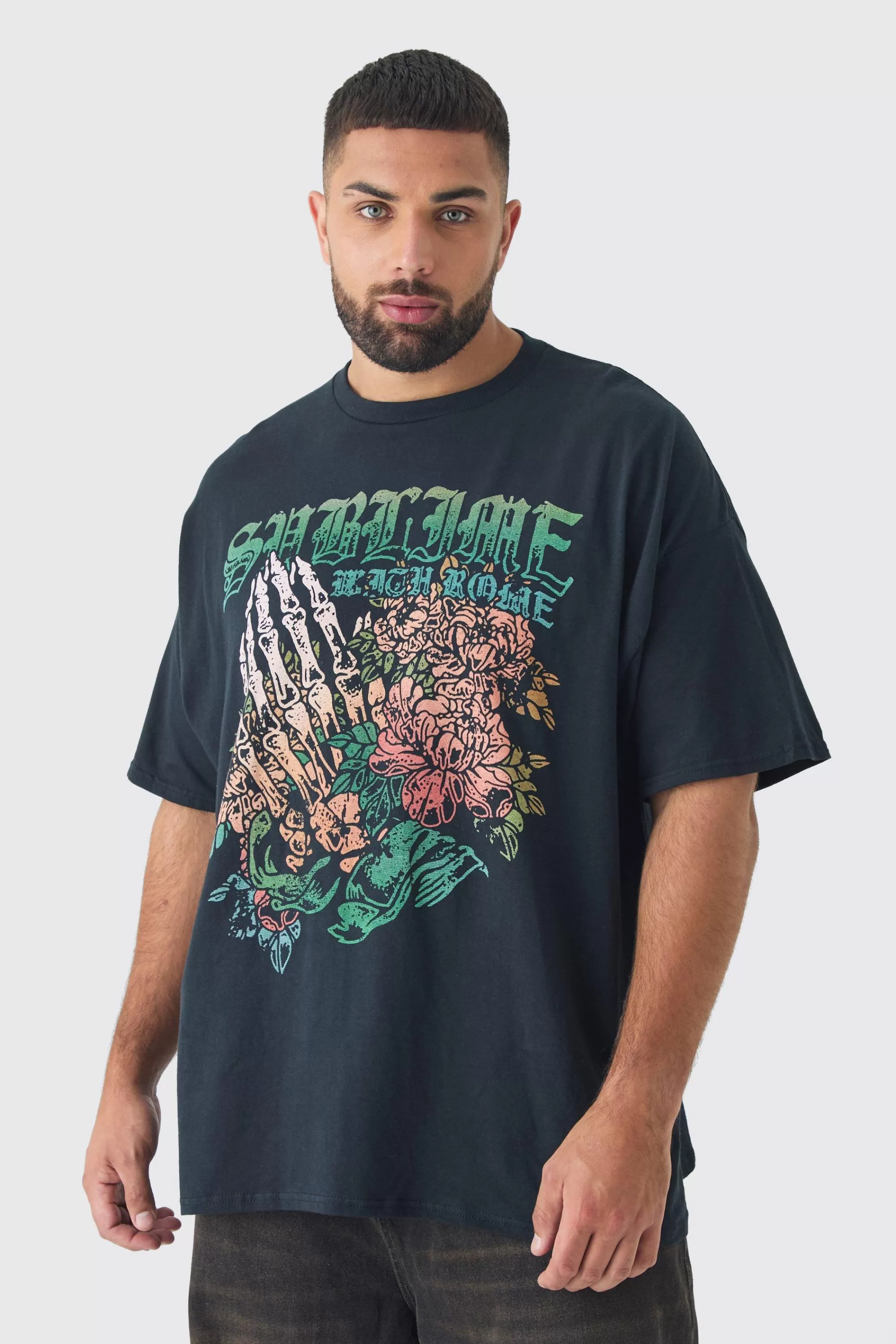 boohooMAN Plus Oversized Sublime Band License Print T-Shirt | UK black New