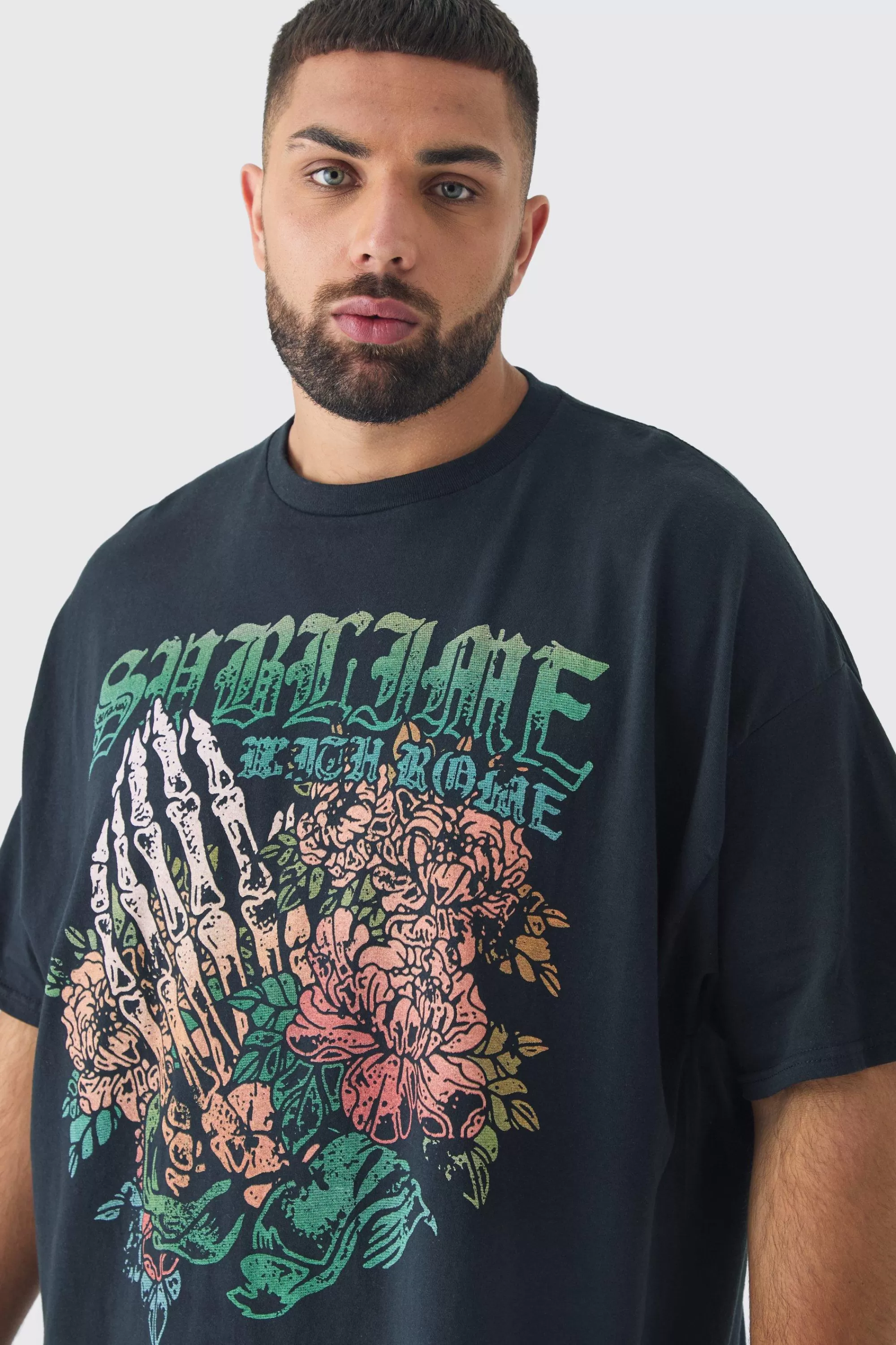 boohooMAN Plus Oversized Sublime Band License Print T-Shirt | UK black New