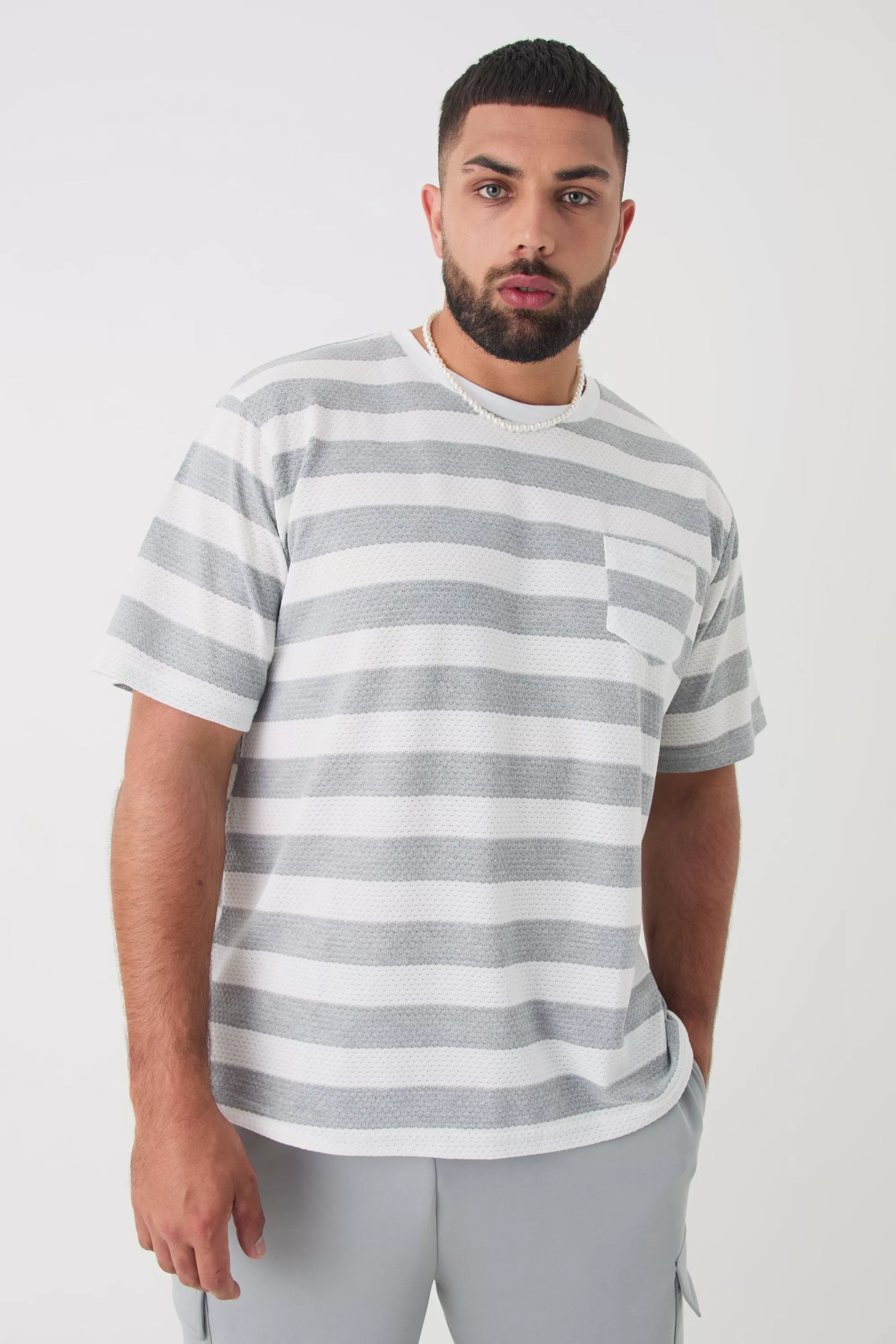 boohooMAN Plus Oversized Textured Stripe T-shirt | UK grey Fashion