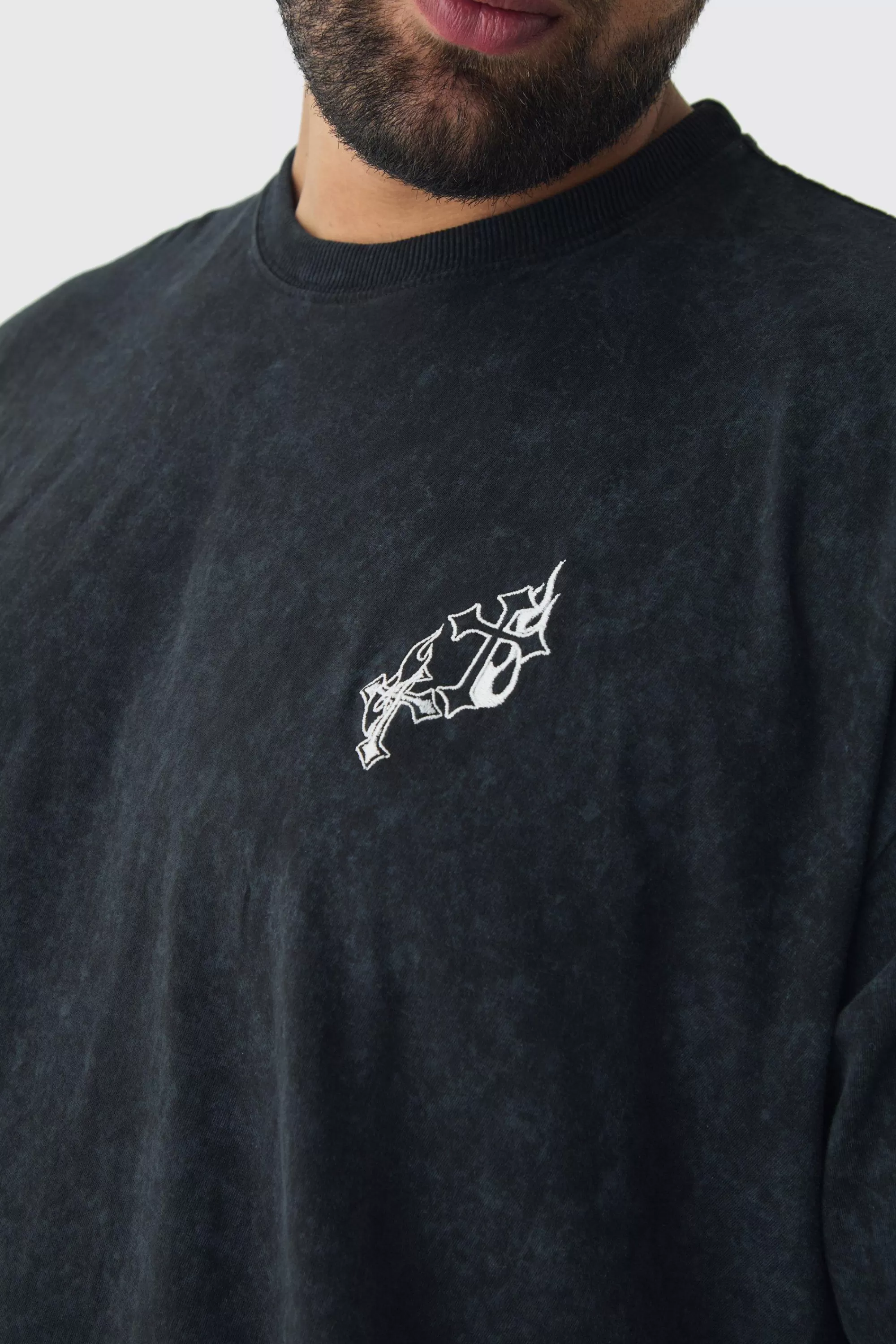 boohooMAN Plus Oversized Washed Cross Embroidered T-Shirt | UK washed black New