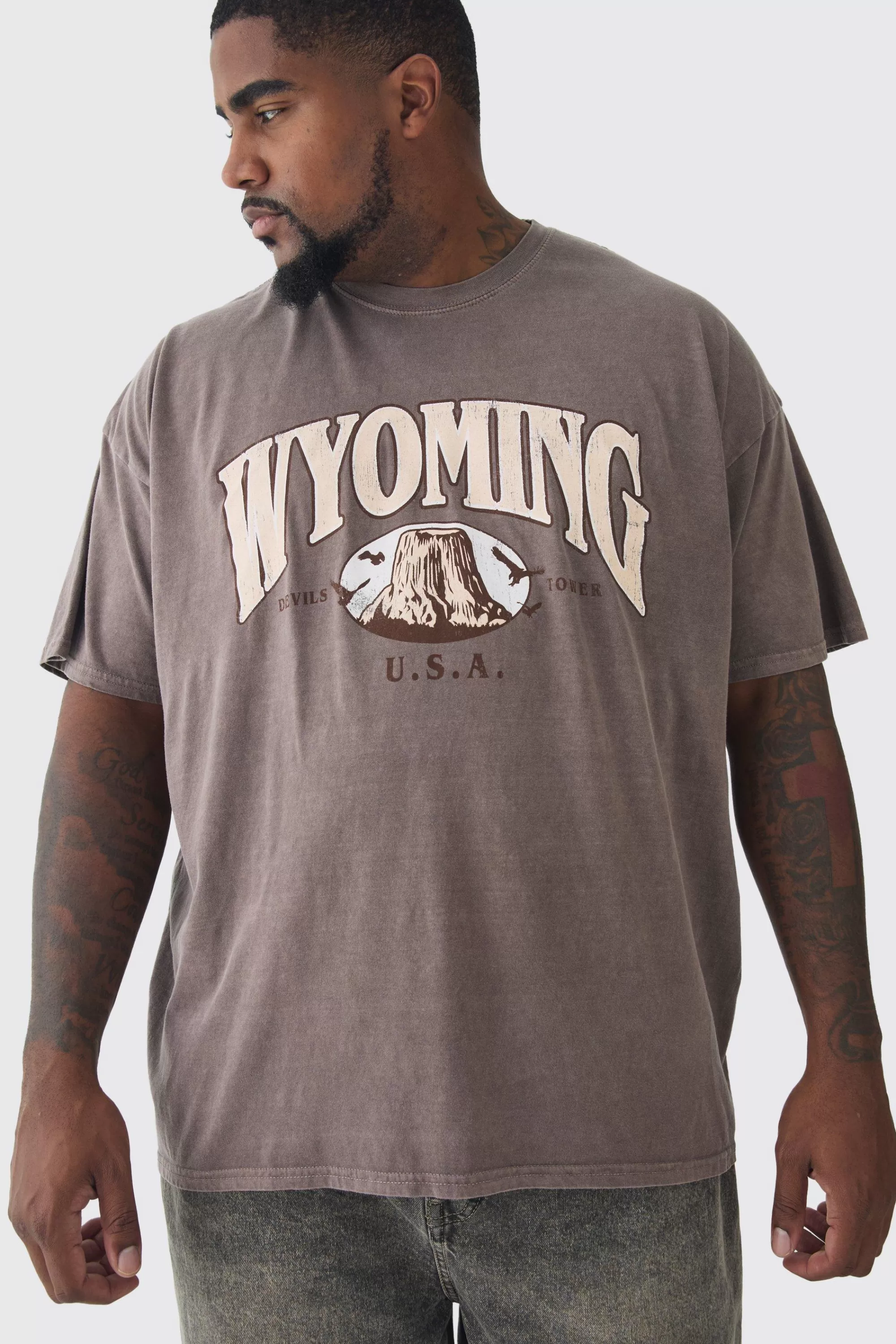 boohooMAN Plus Oversized Washed Wyoming Print T-shirt | UK chocolate Outlet