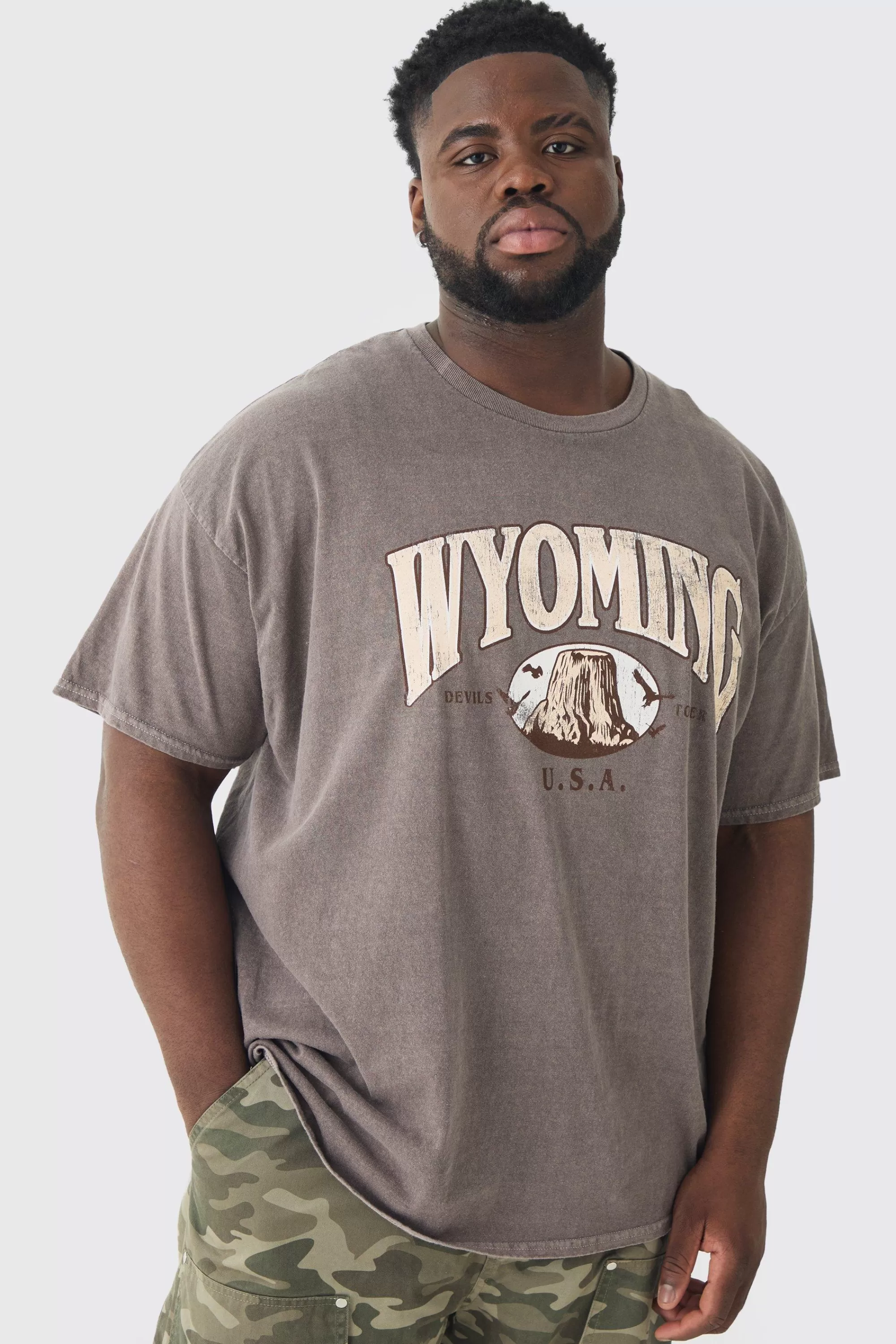 boohooMAN Plus Oversized Washed Wyoming Print T-shirt | UK chocolate Clearance