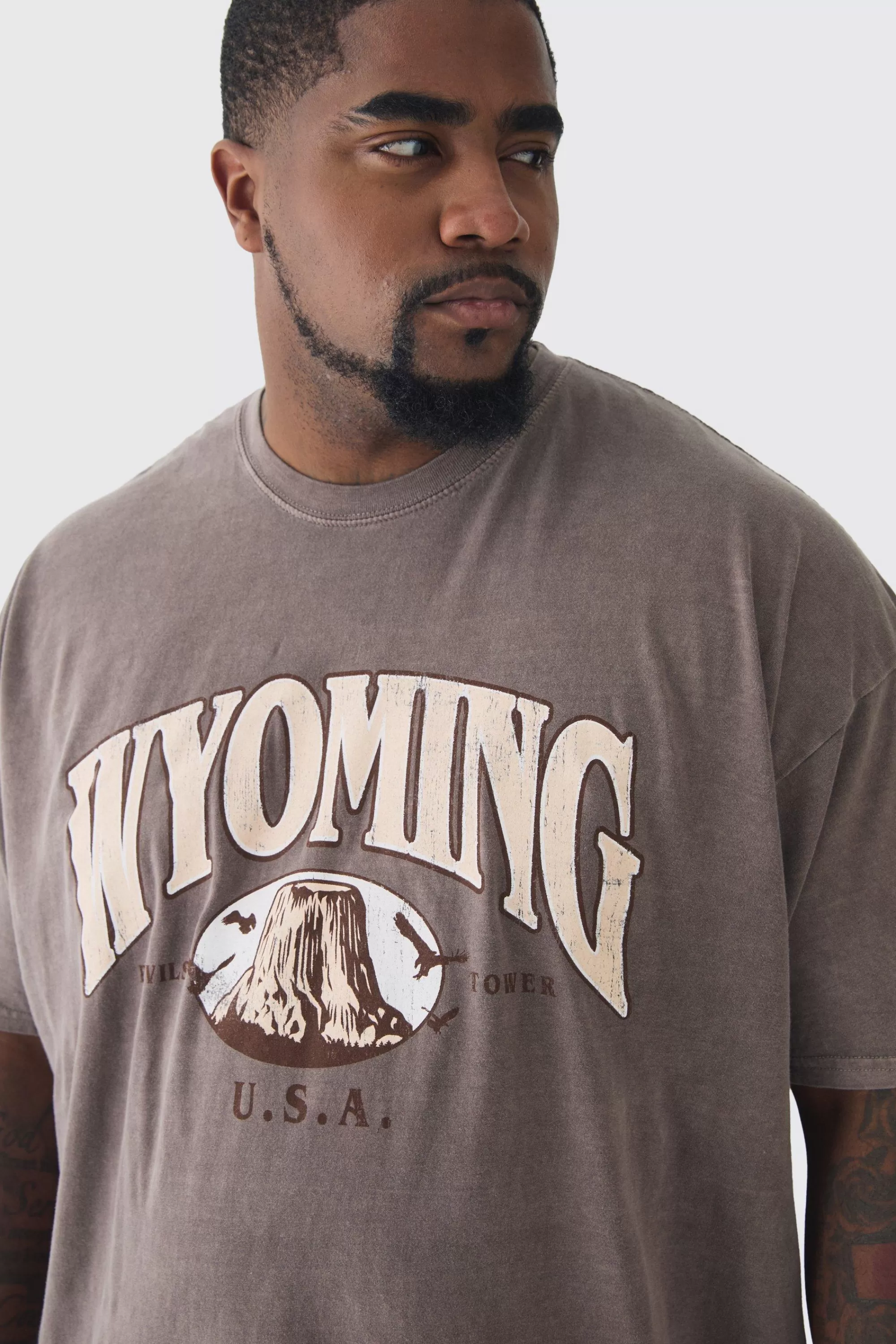 boohooMAN Plus Oversized Washed Wyoming Print T-shirt | UK chocolate Outlet