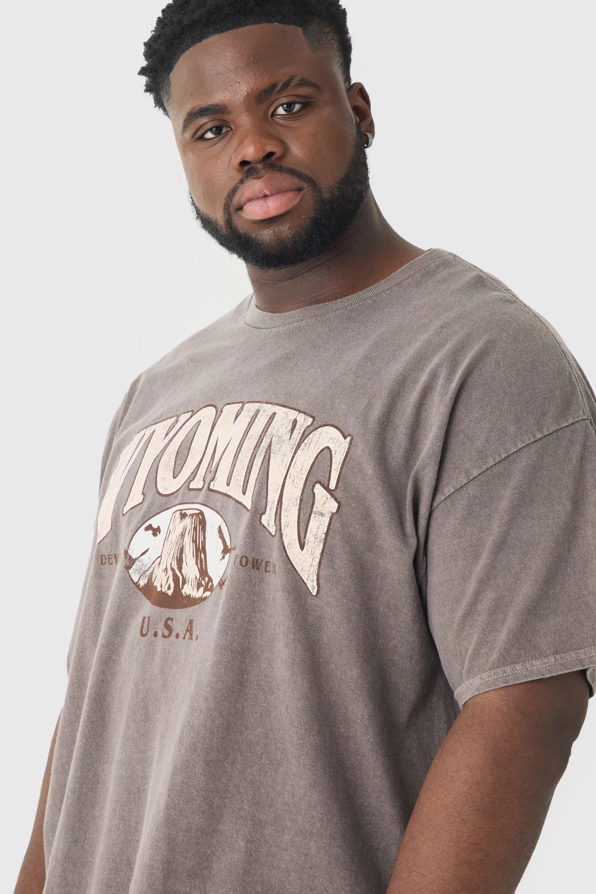 boohooMAN Plus Oversized Washed Wyoming Print T-shirt | UK chocolate Clearance