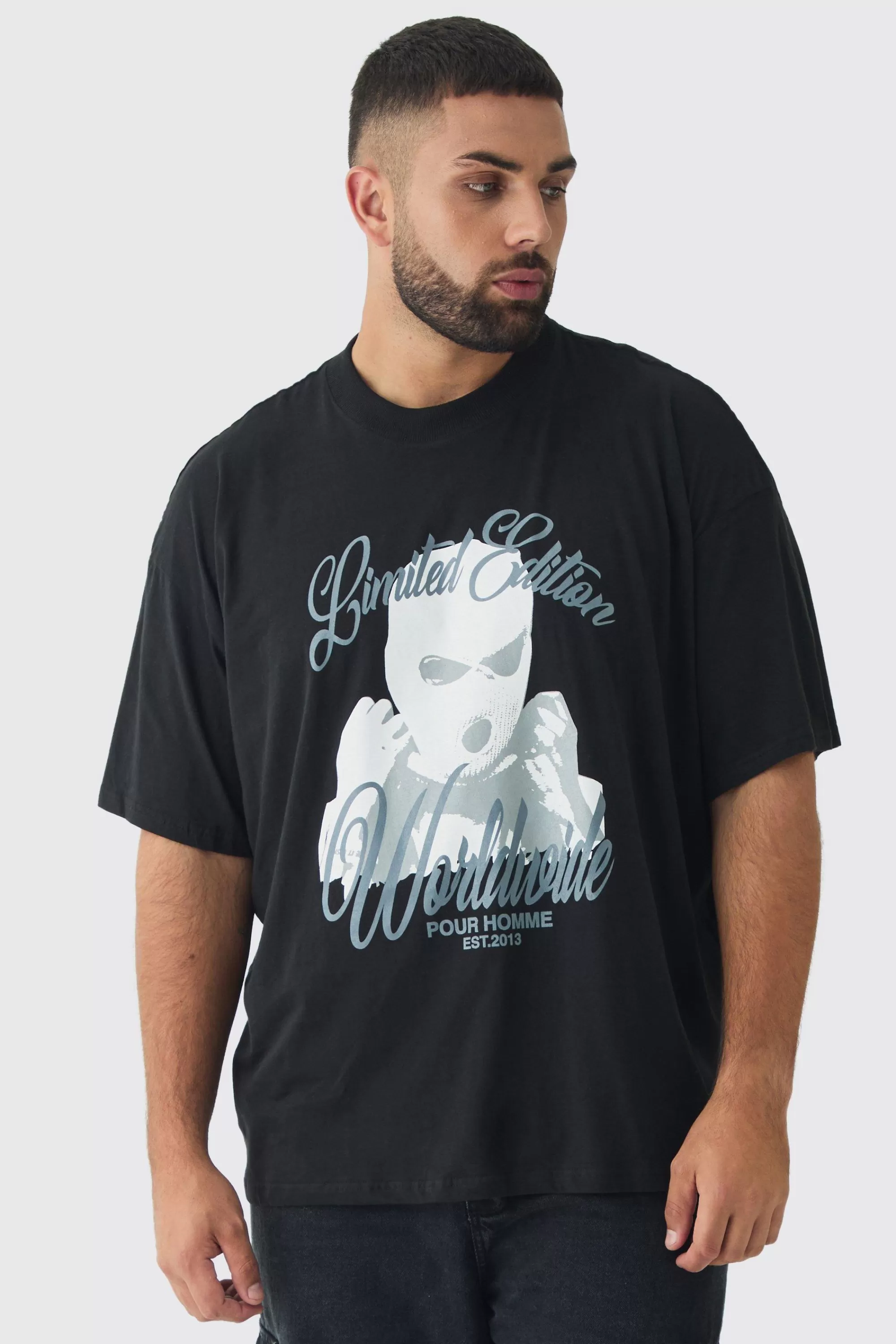 boohooMAN Plus Oversized Worldwide Balaclava Print T-Shirt | UK black Sale