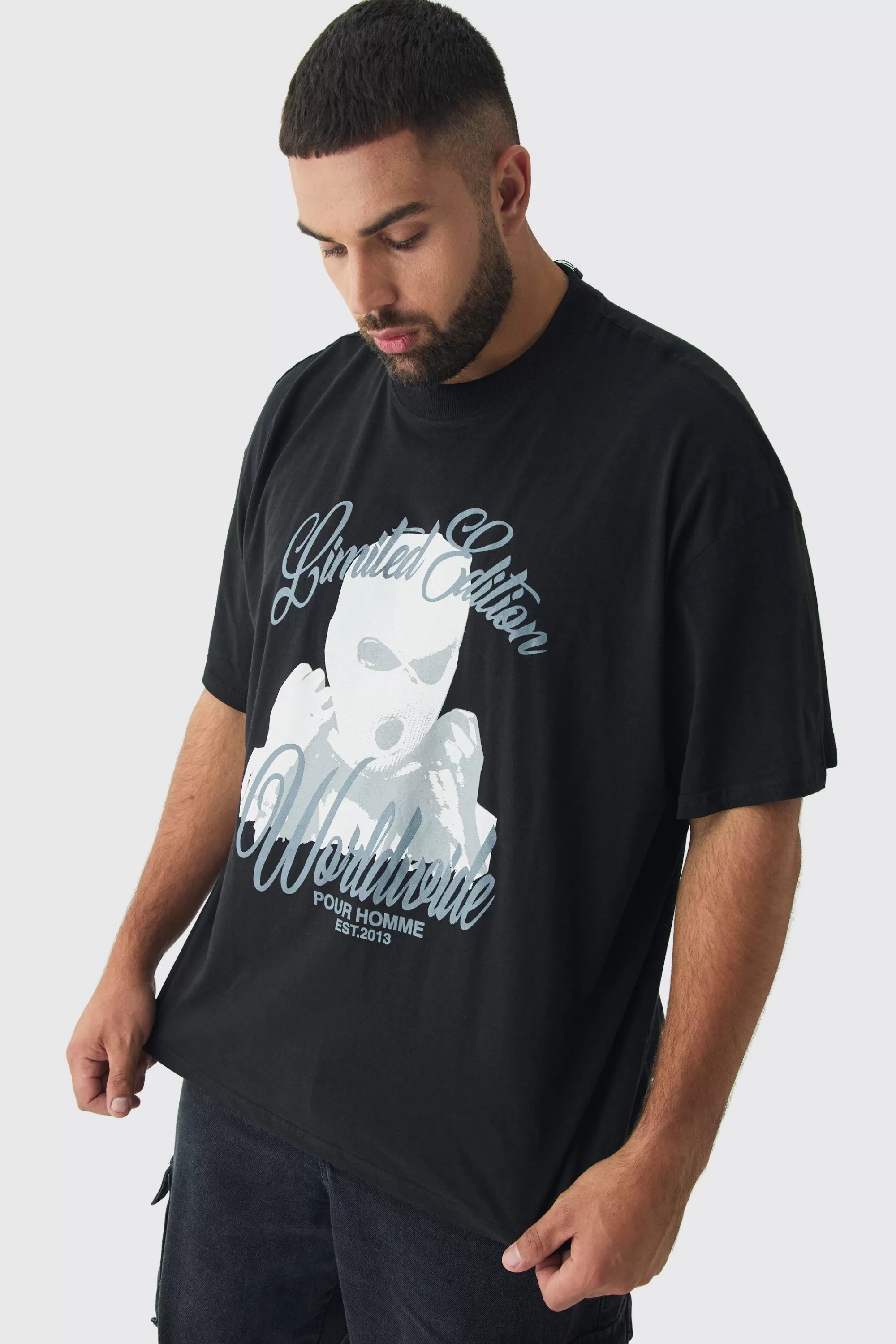 boohooMAN Plus Oversized Worldwide Balaclava Print T-Shirt | UK black Sale