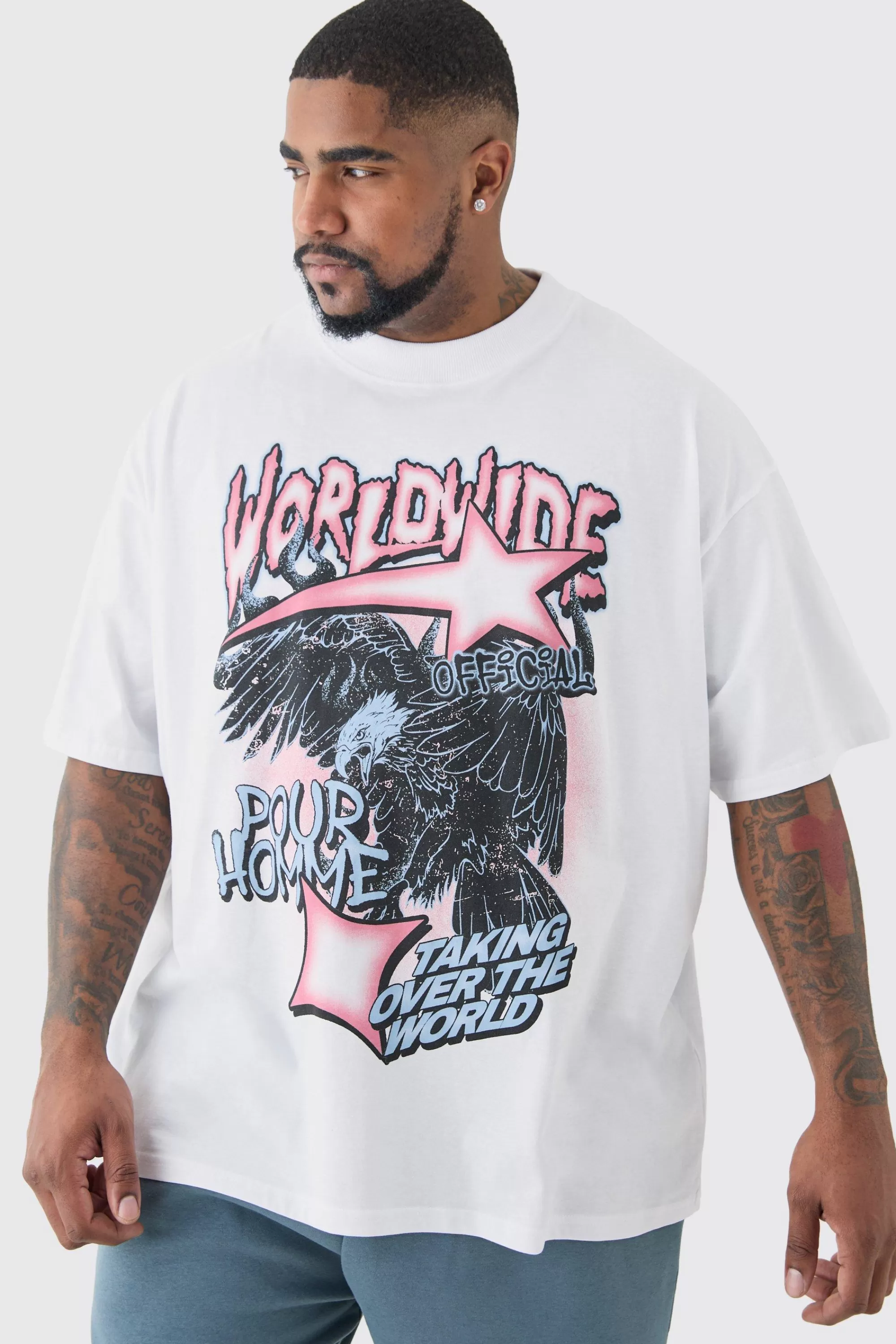 boohooMAN Plus Oversized Worldwide Eagle Print T-shirt In | UK white Online