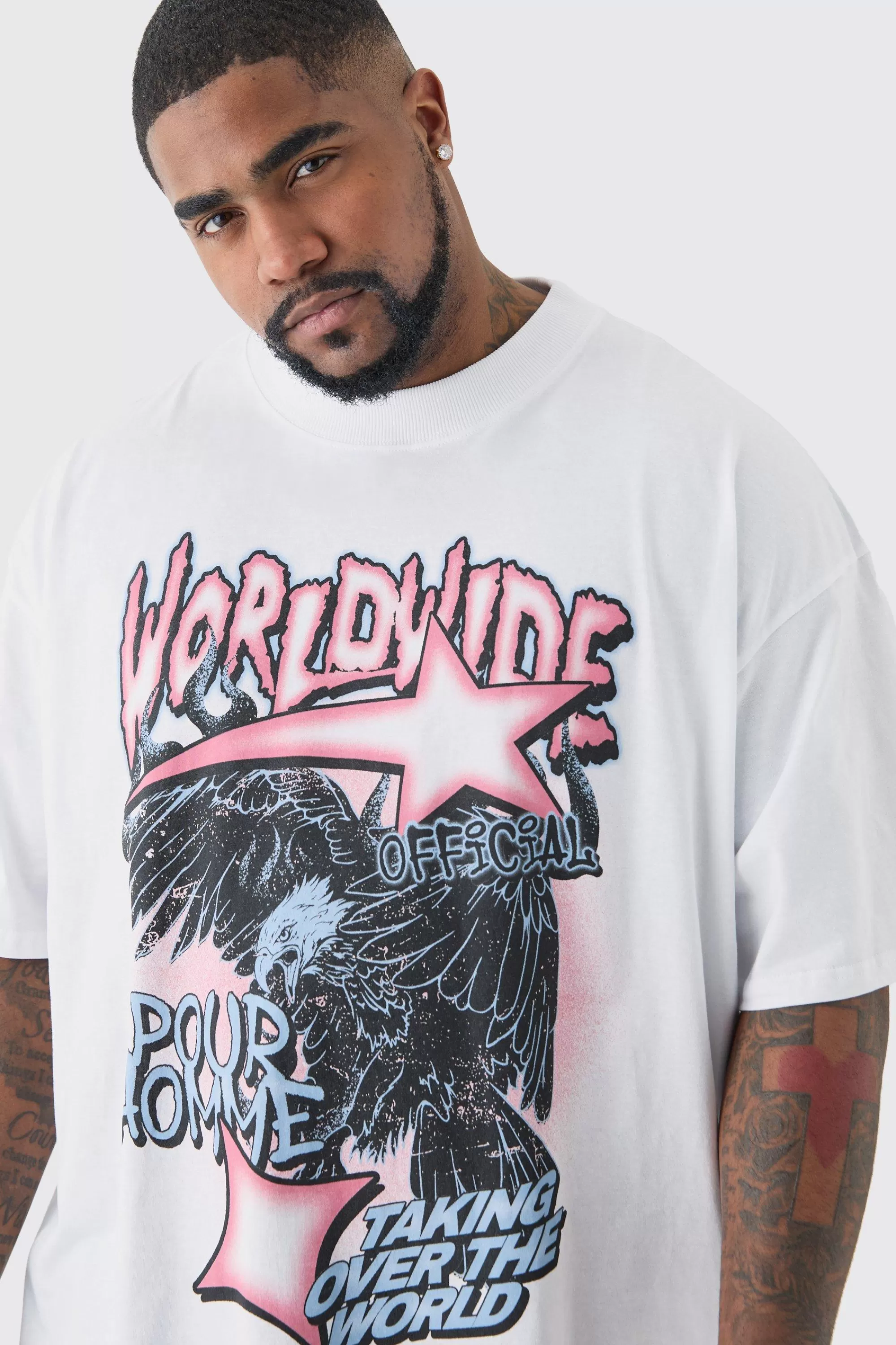boohooMAN Plus Oversized Worldwide Eagle Print T-shirt In | UK white Online