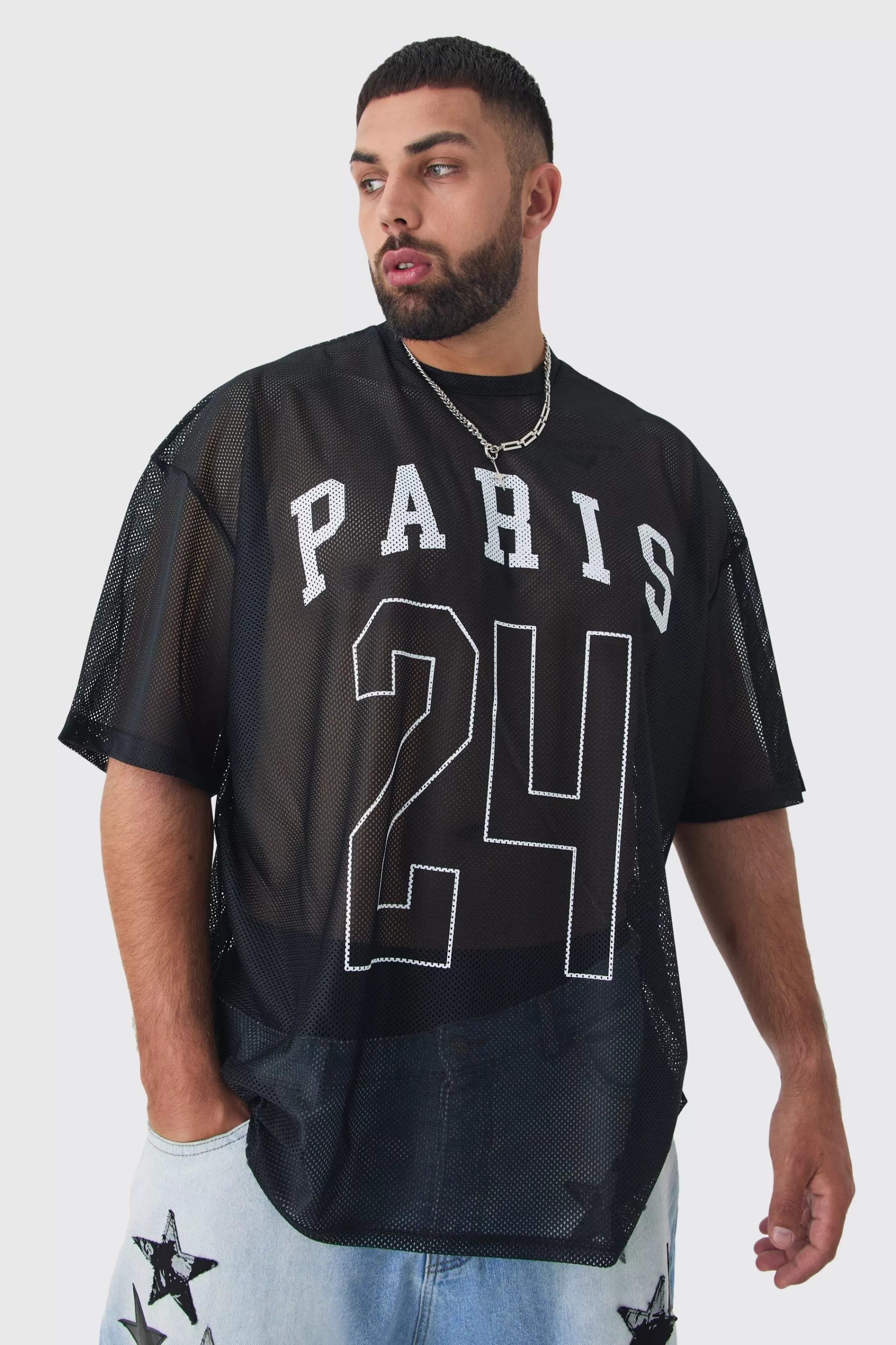 boohooMAN Plus Paris Printed Mesh Basketball T-shirt In | UK black Fashion