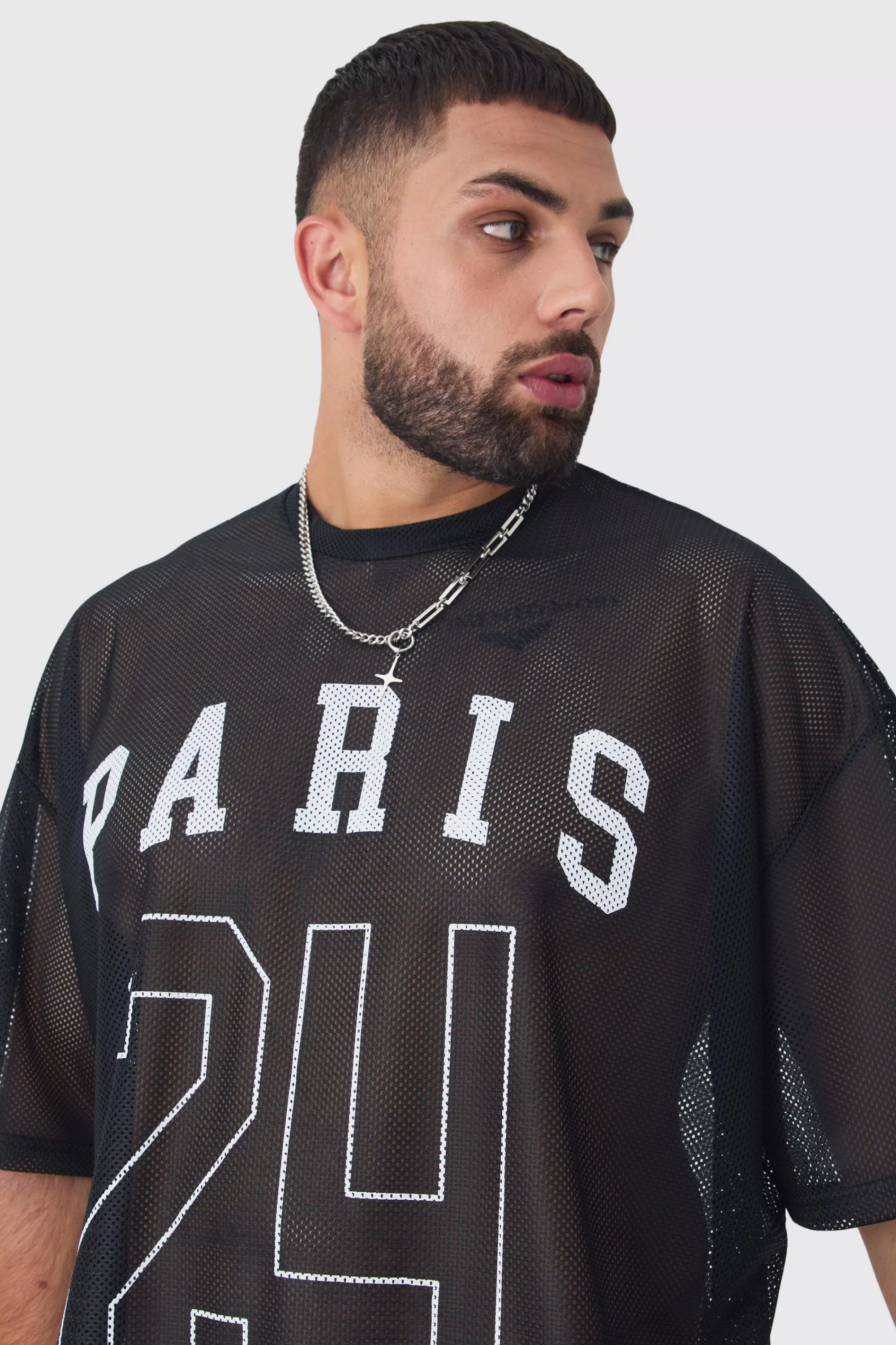 boohooMAN Plus Paris Printed Mesh Basketball T-shirt In | UK black Fashion