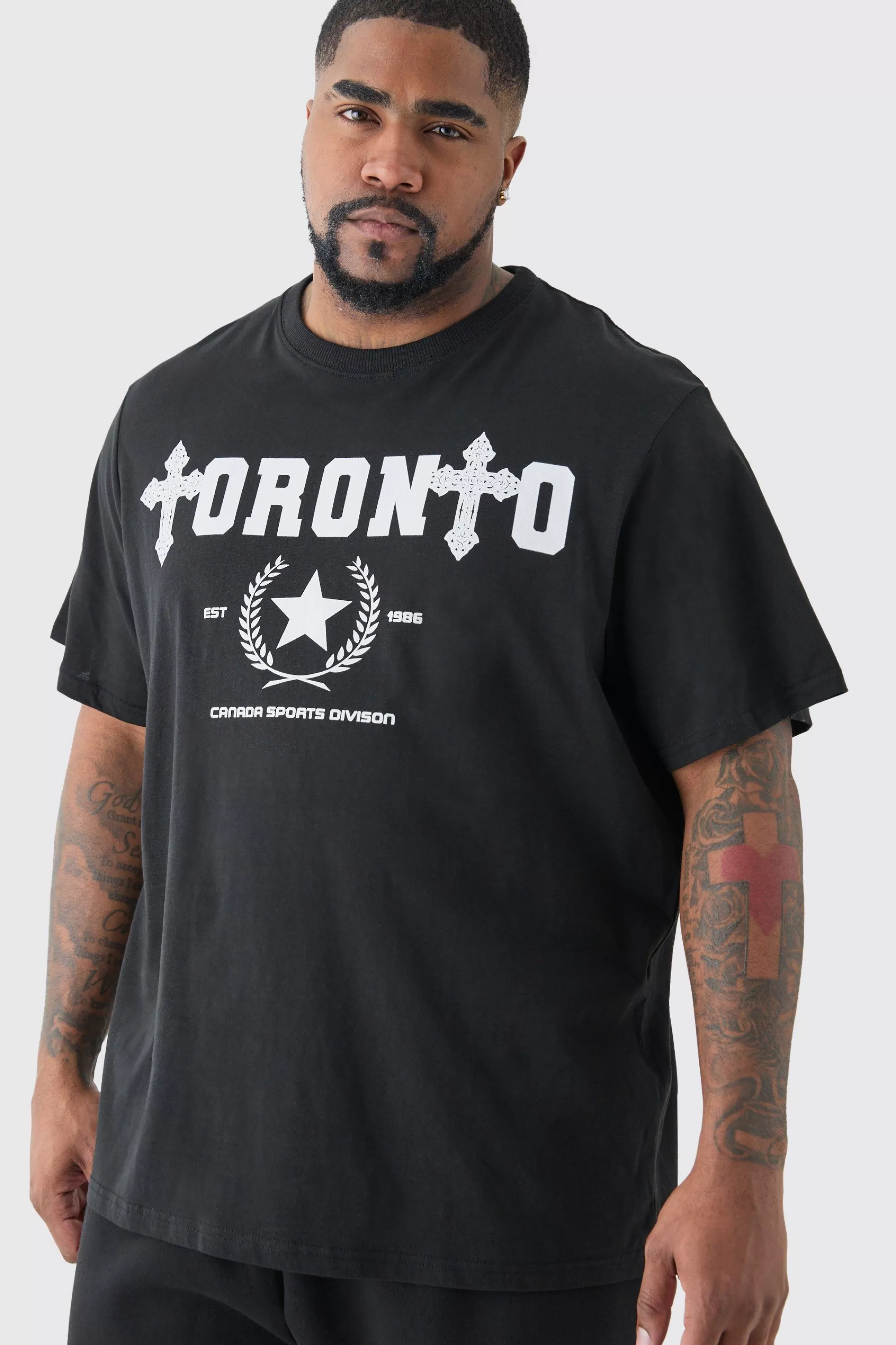 boohooMAN Plus Paris Toronto Print T-shirt | UK black Fashion
