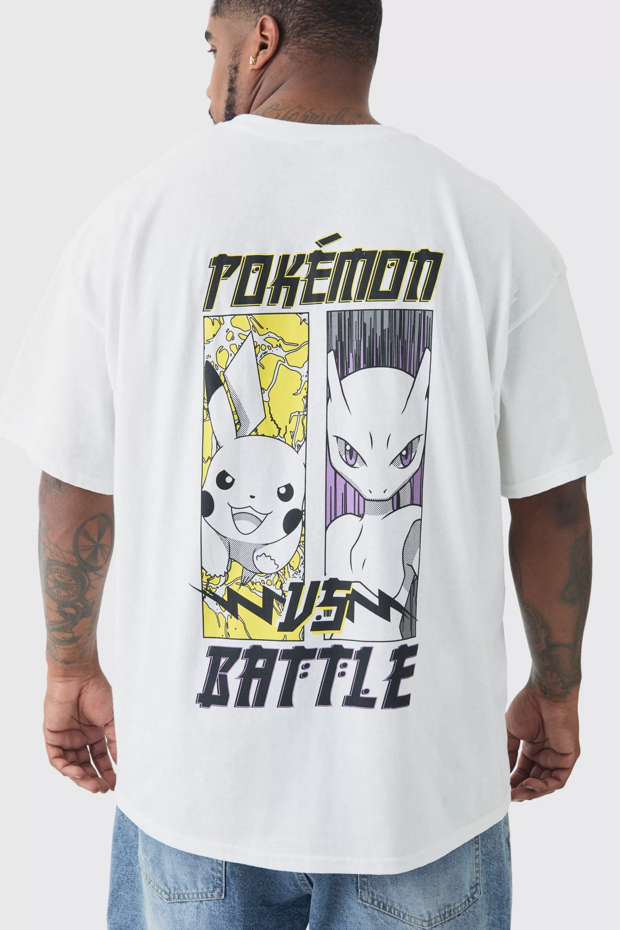 boohooMAN Plus Pokemon Battle Printed Licensed Back Print T-shirt In Ecru | UK black New