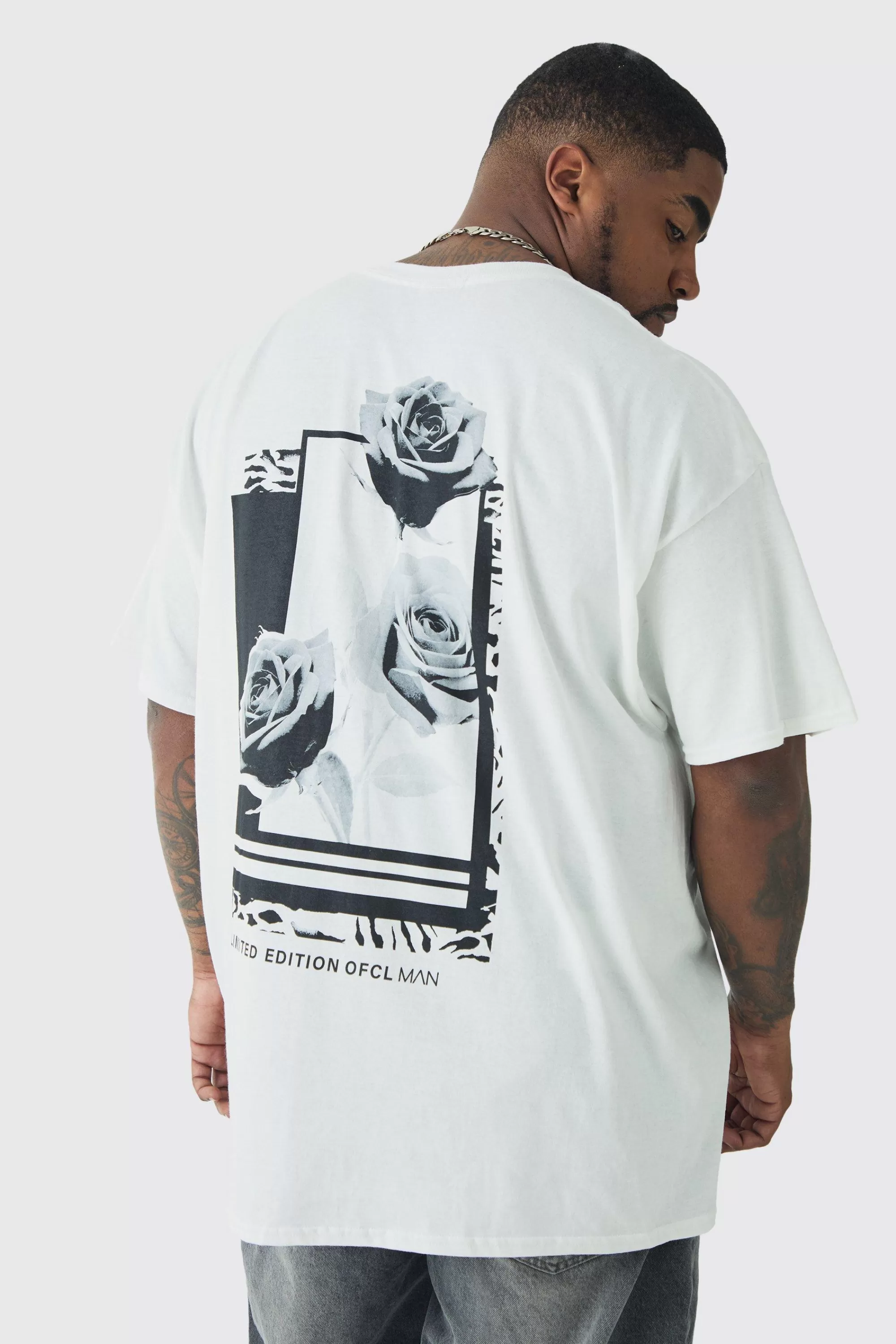 boohooMAN Plus Rose Back Print T-shirt | UK white Discount