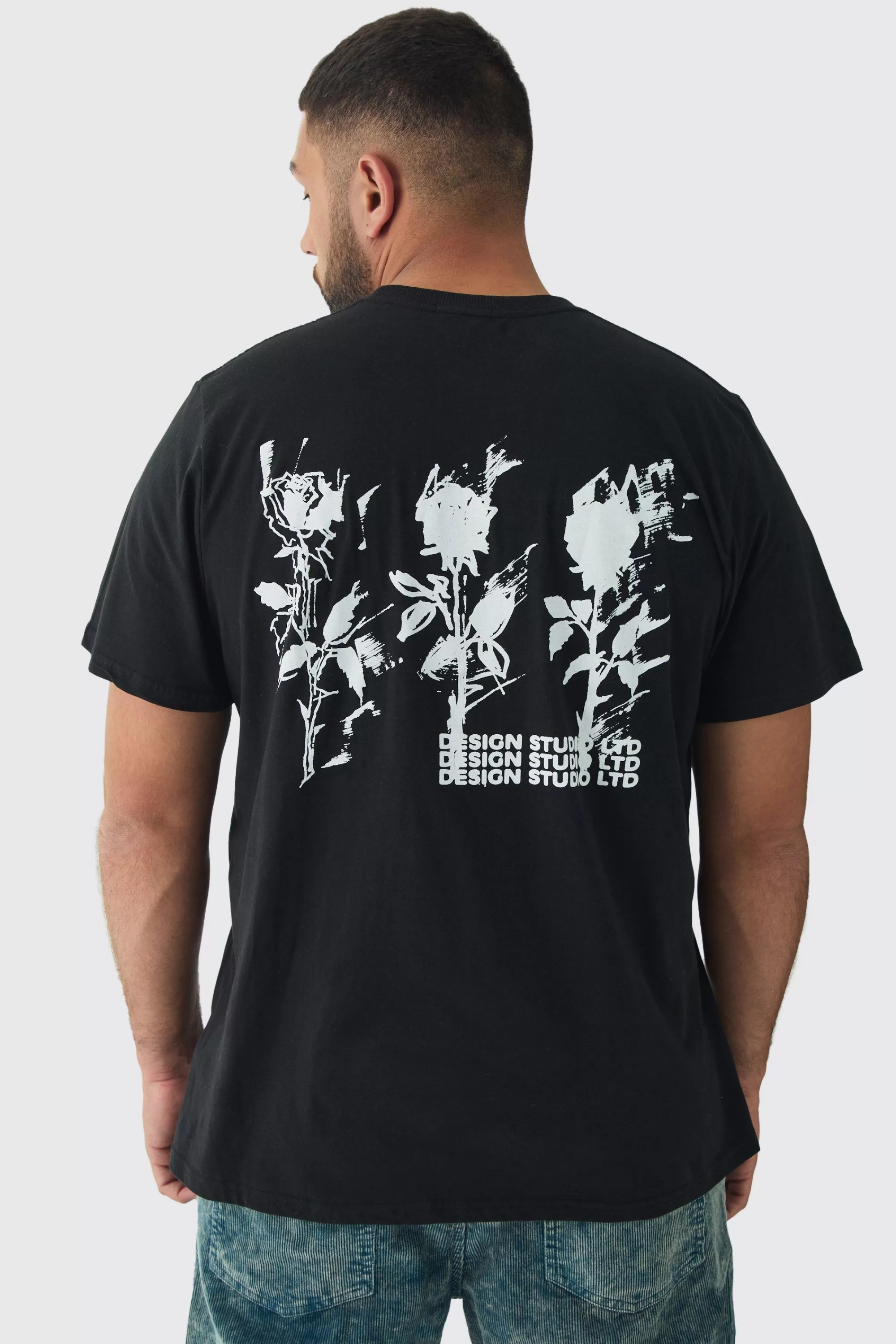 boohooMAN Plus Rose Design Washed Graphic T-Shirt | UK black Sale