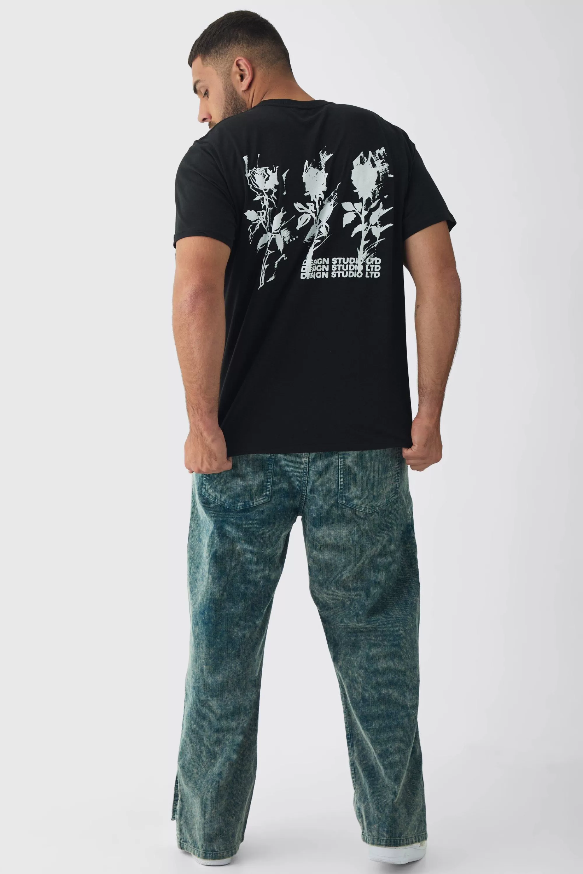 boohooMAN Plus Rose Design Washed Graphic T-Shirt | UK black Sale