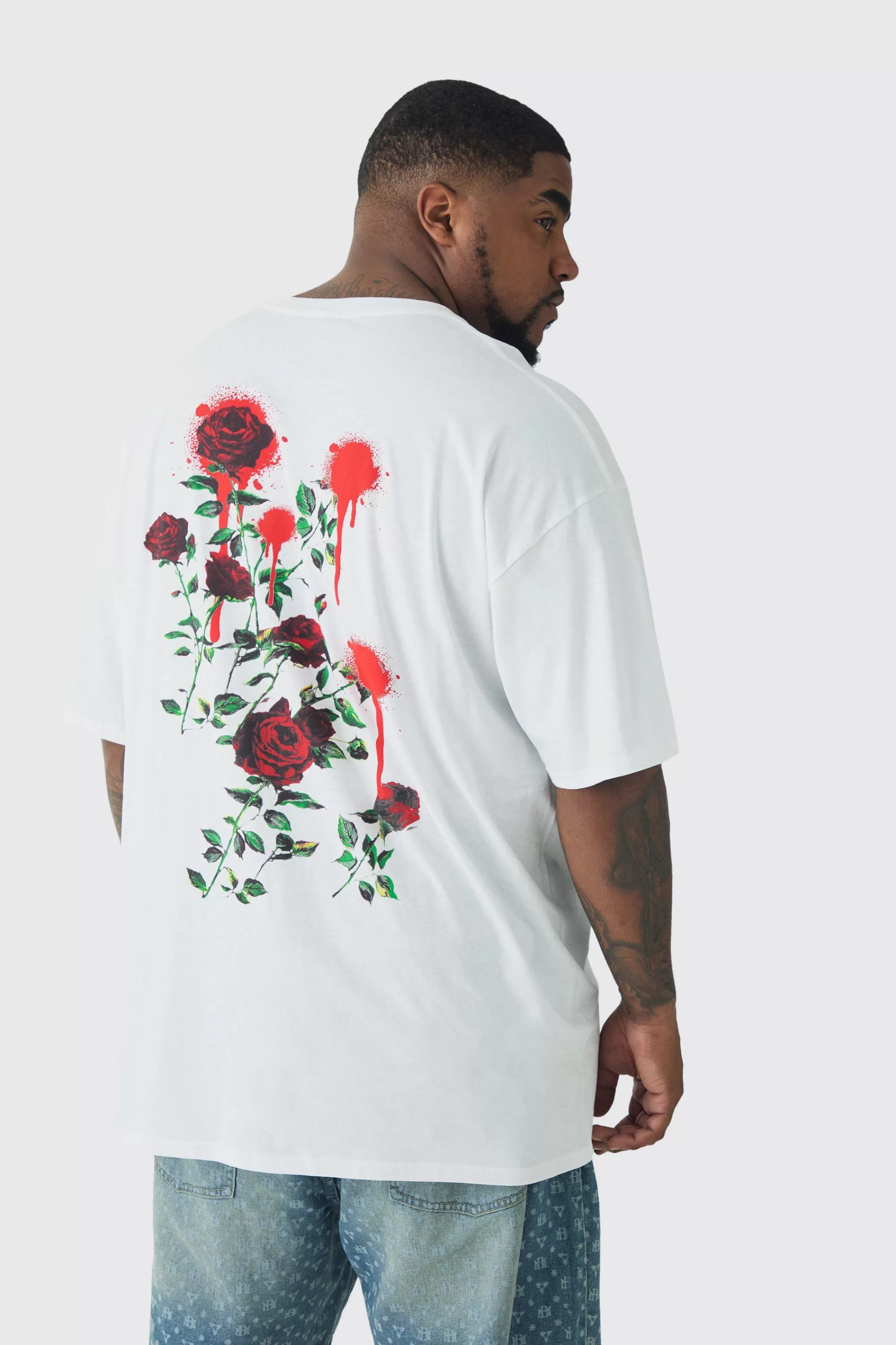 boohooMAN Plus Rose Floral Back Print T-shirt | UK white Fashion