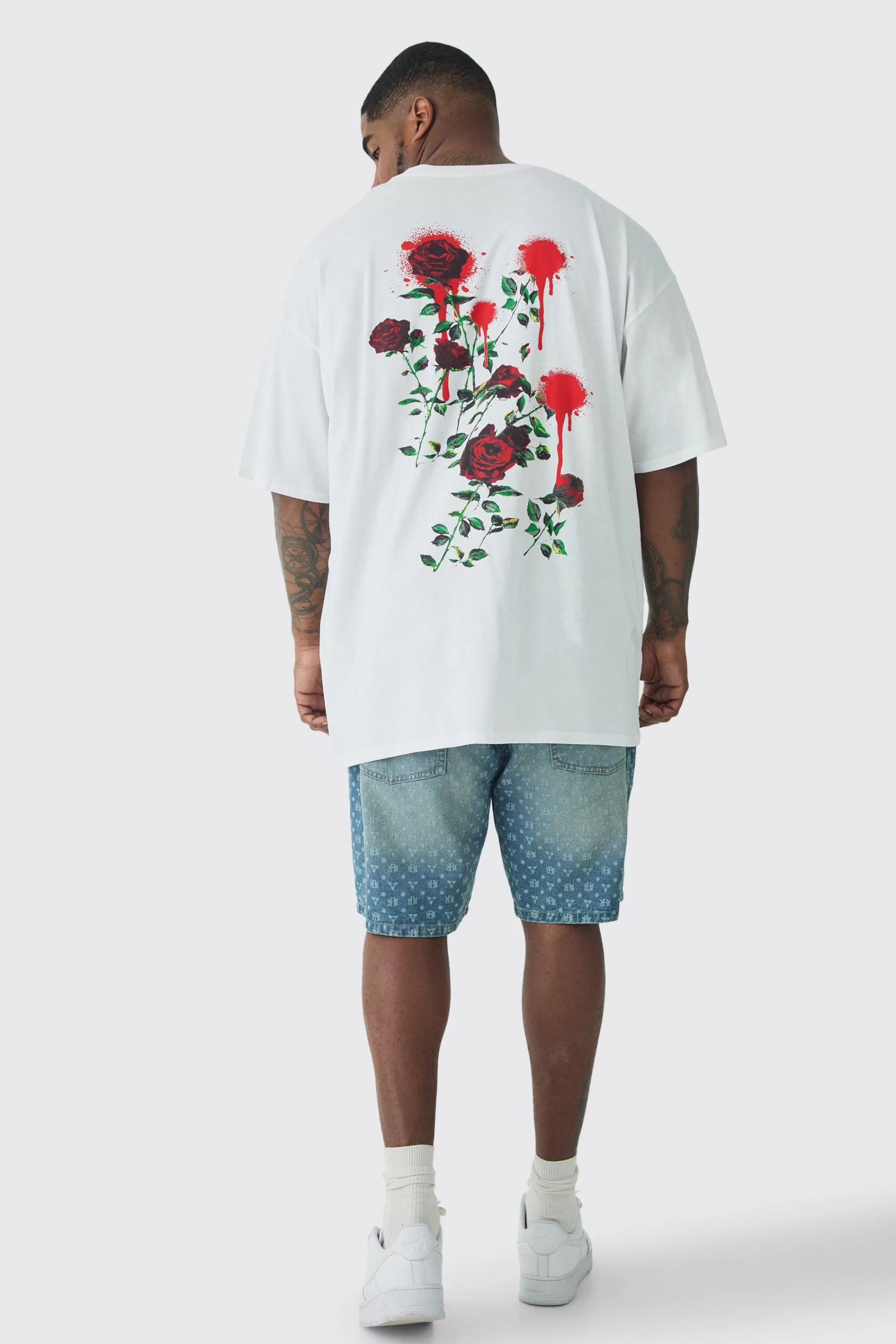 boohooMAN Plus Rose Floral Back Print T-shirt | UK white Fashion