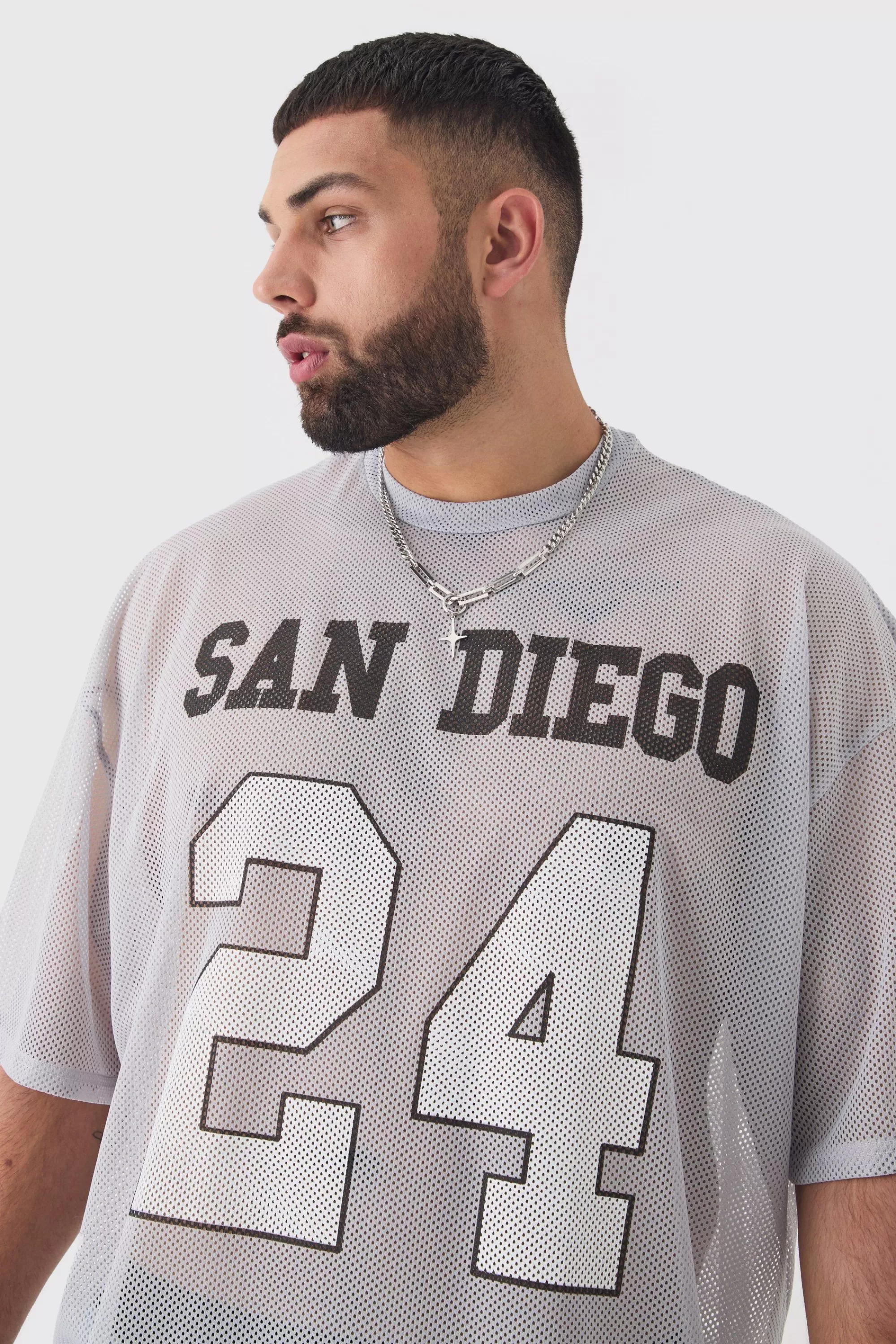 boohooMAN Plus San Diego Printed Varsity Mesh Basketball T-shirt In | UK blue Cheap
