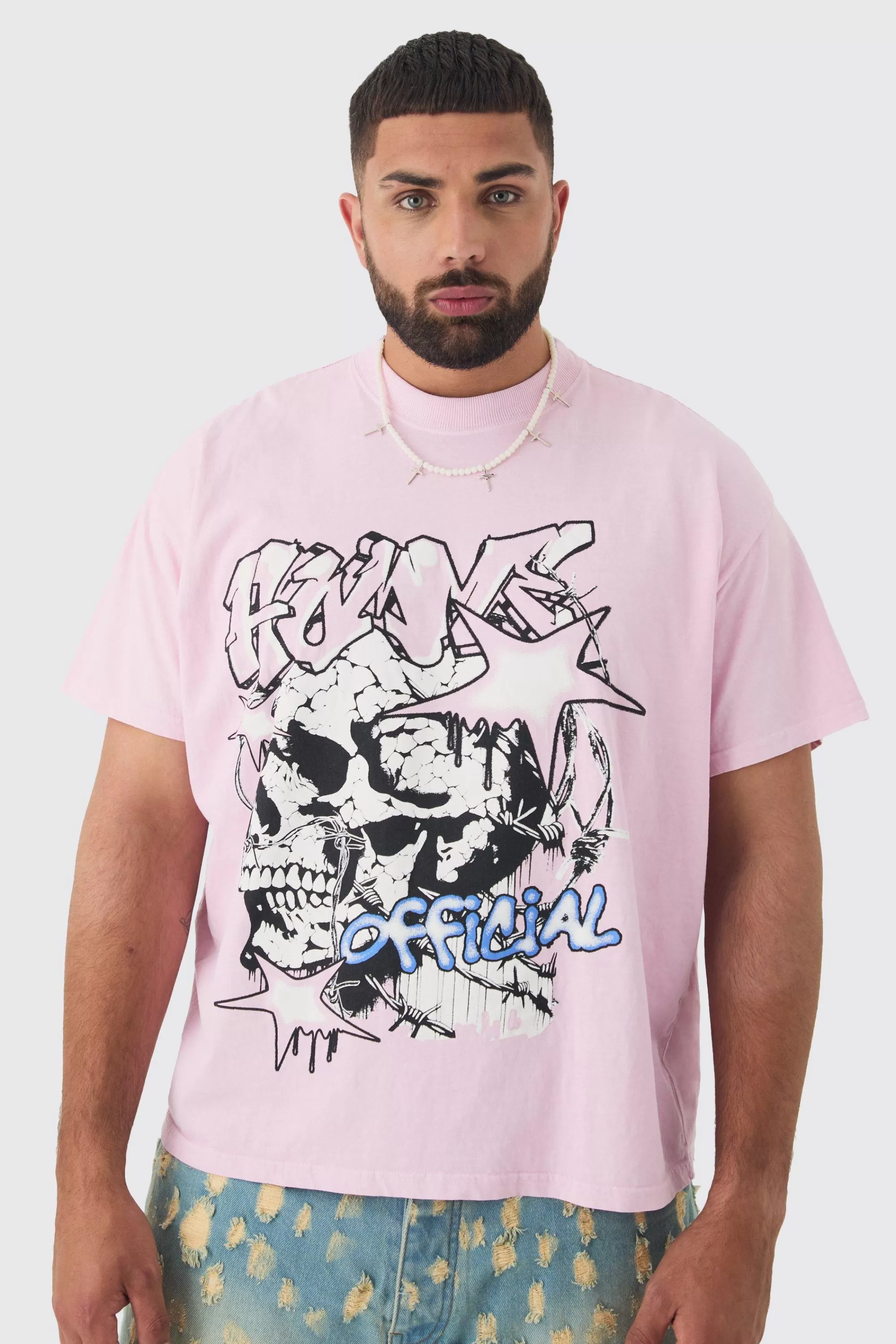 boohooMAN Plus Skull Homme Printed T-shirt In Light | UK pink Outlet