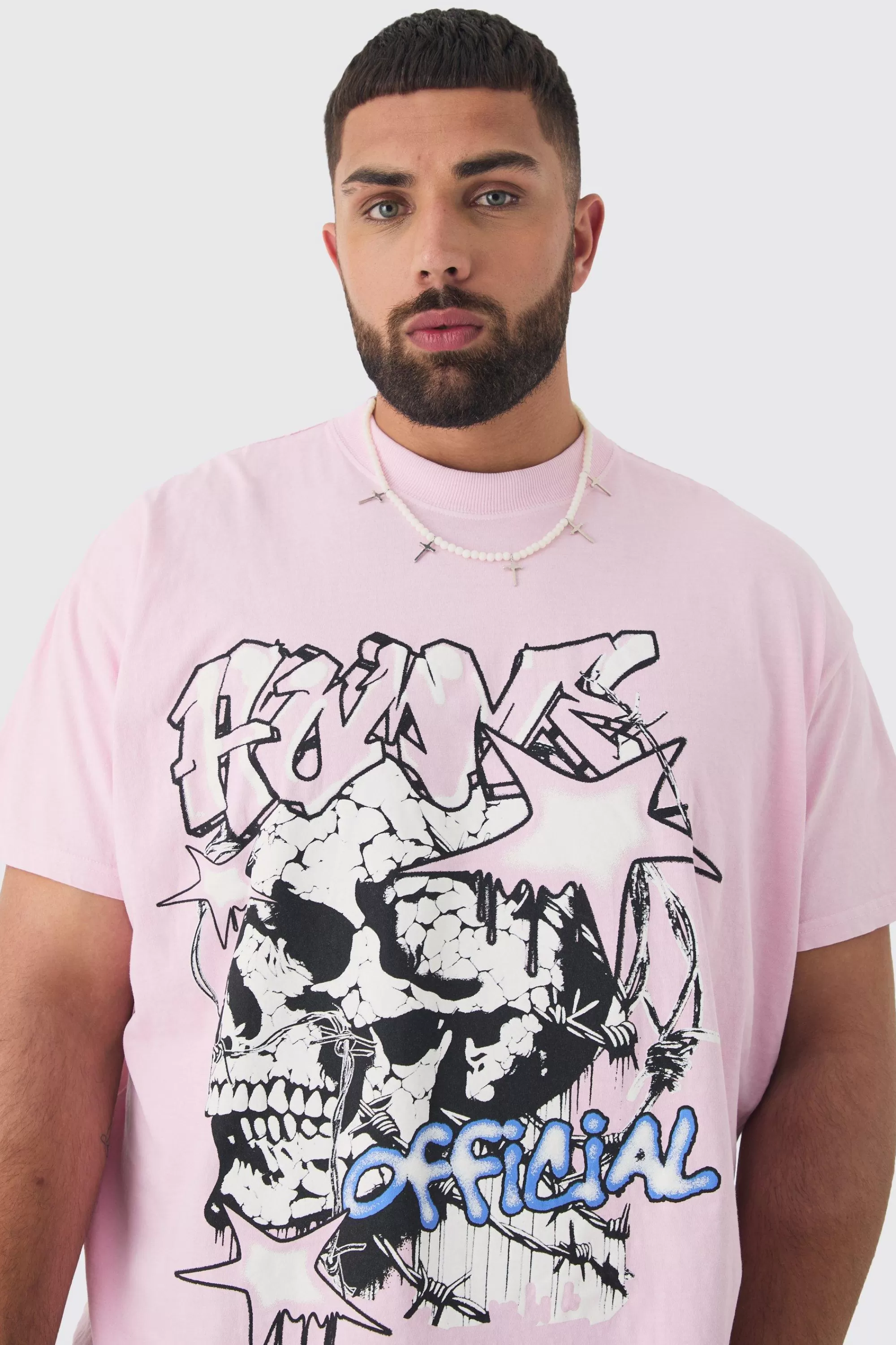 boohooMAN Plus Skull Homme Printed T-shirt In Light | UK pink Outlet