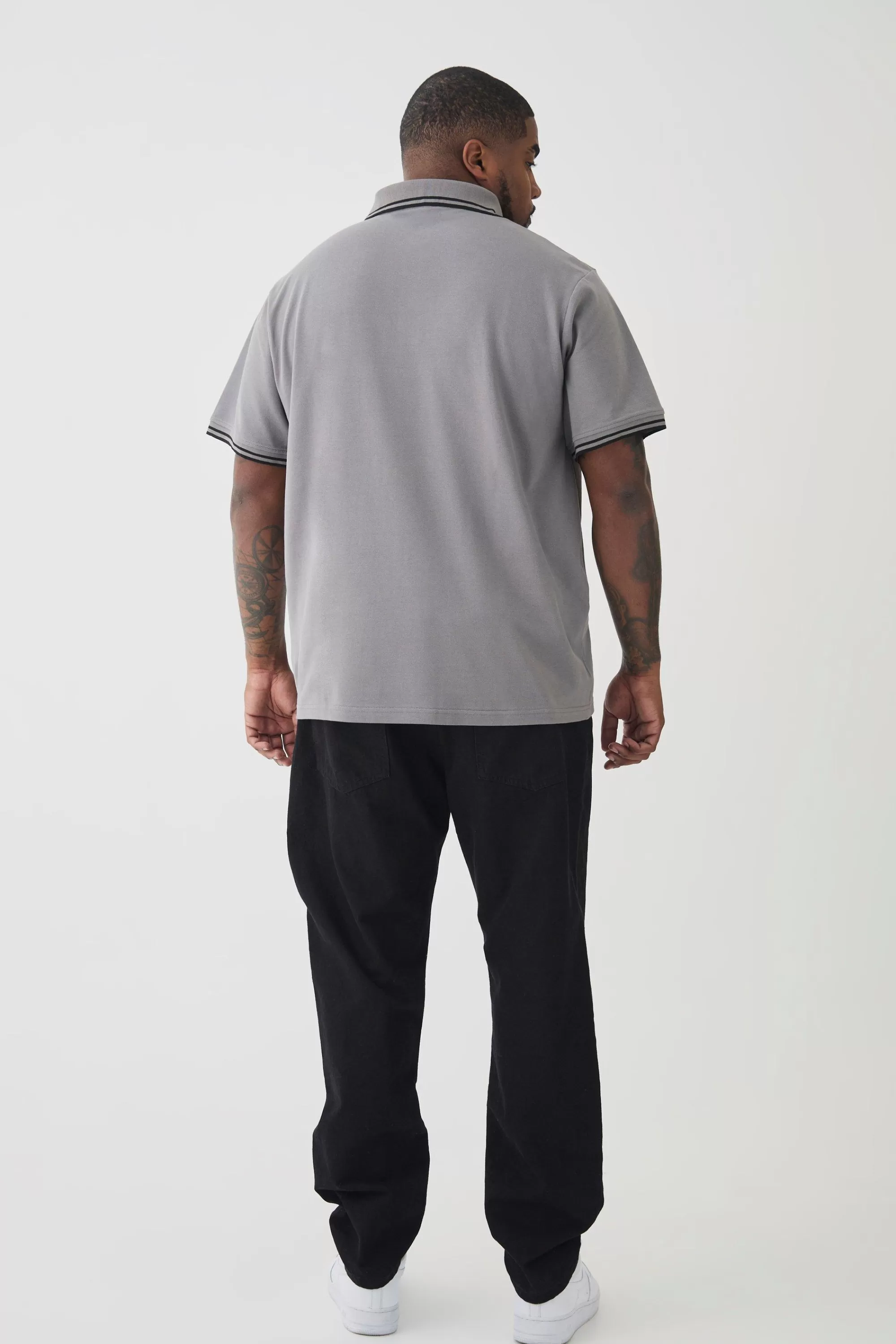 boohooMAN Plus Slim Tipped Pique Polo In Slate | UK grey Discount