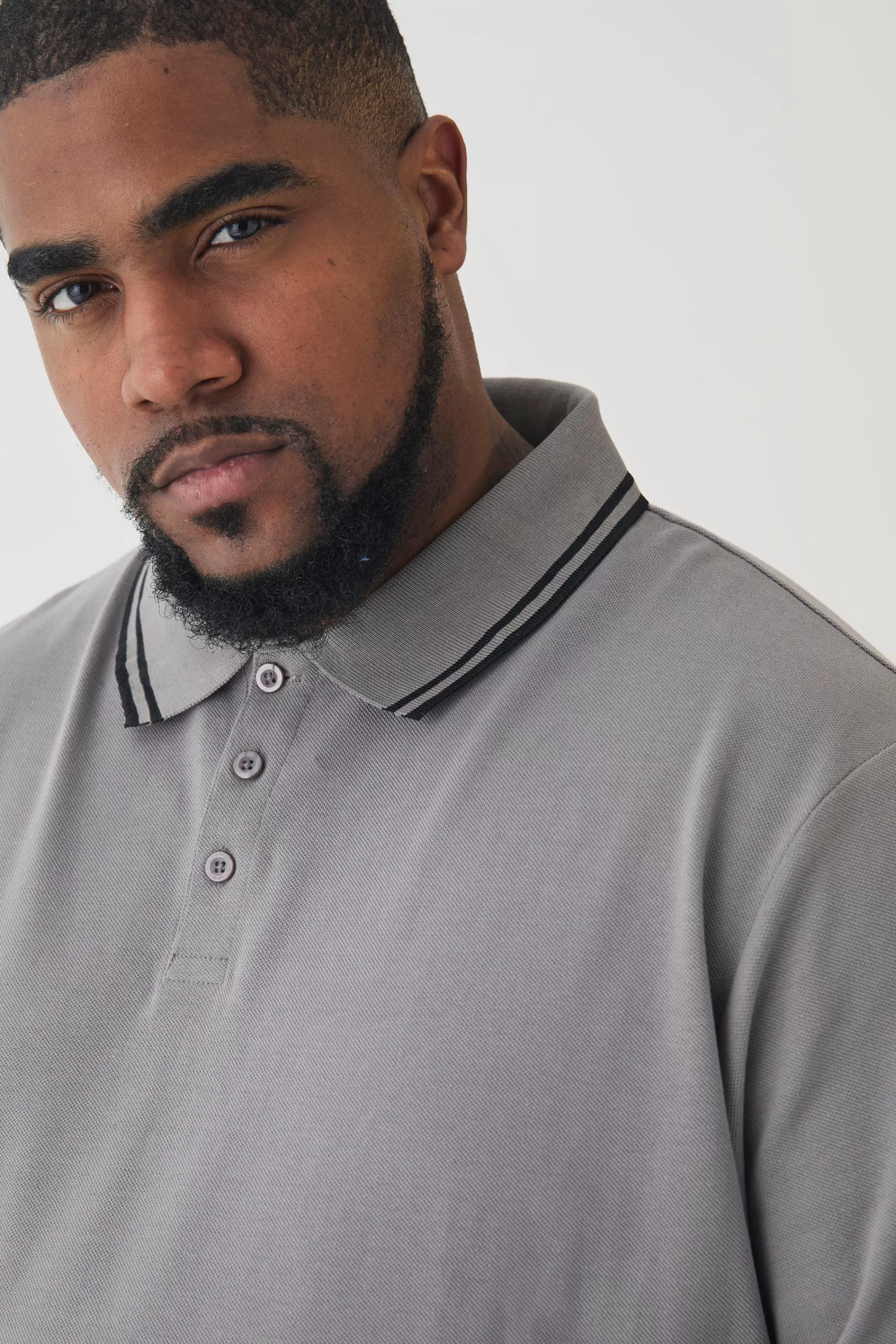 boohooMAN Plus Slim Tipped Pique Polo In Slate | UK grey Discount