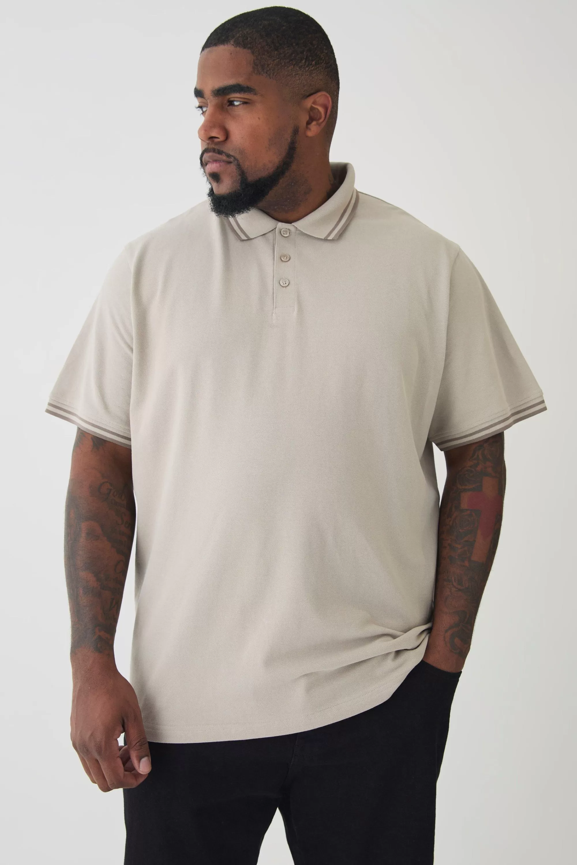 boohooMAN Plus Slim Tipped Pique Polo In | UK stone Fashion